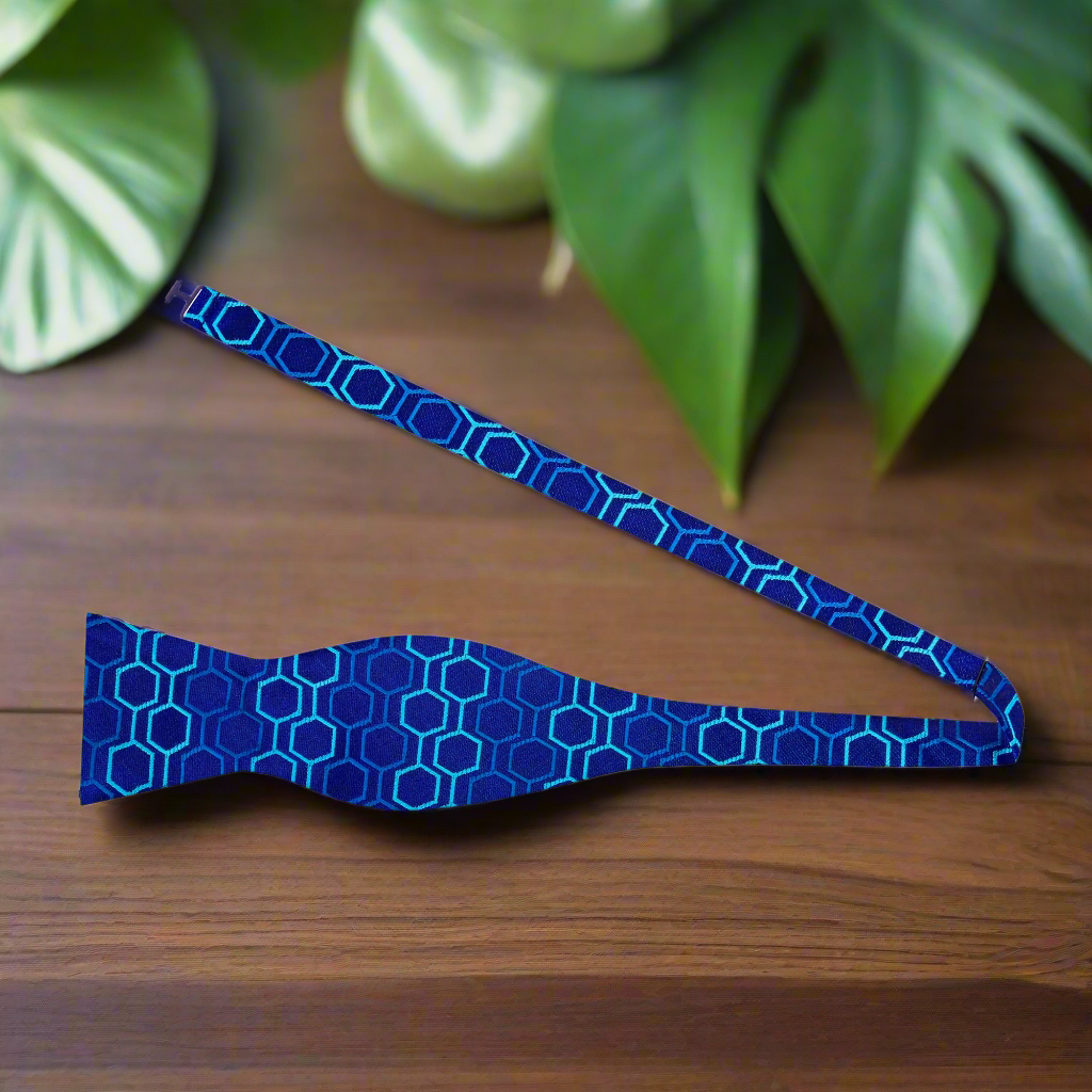 A Blue, Light Blue Geometric Diamond Pattern Silk Self Tie Bow Tie 