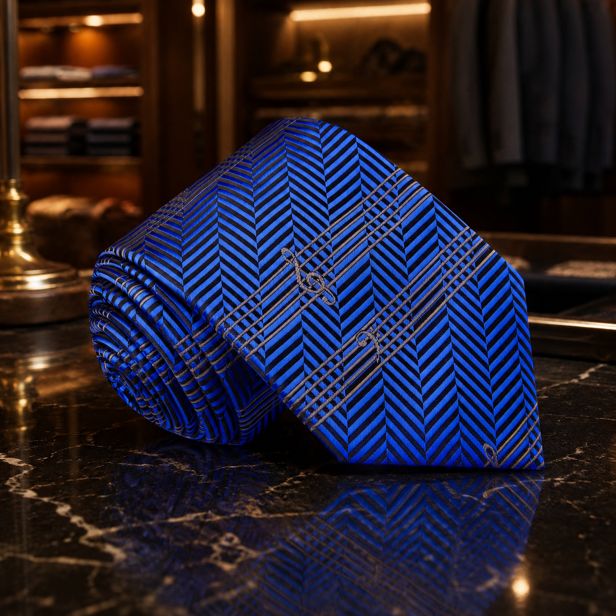 A rolled blue necktie with a diagonal herringbone pattern and thin silver-gray intersecting lines, displayed on a dark marble surface in a warm, upscale interior setting.