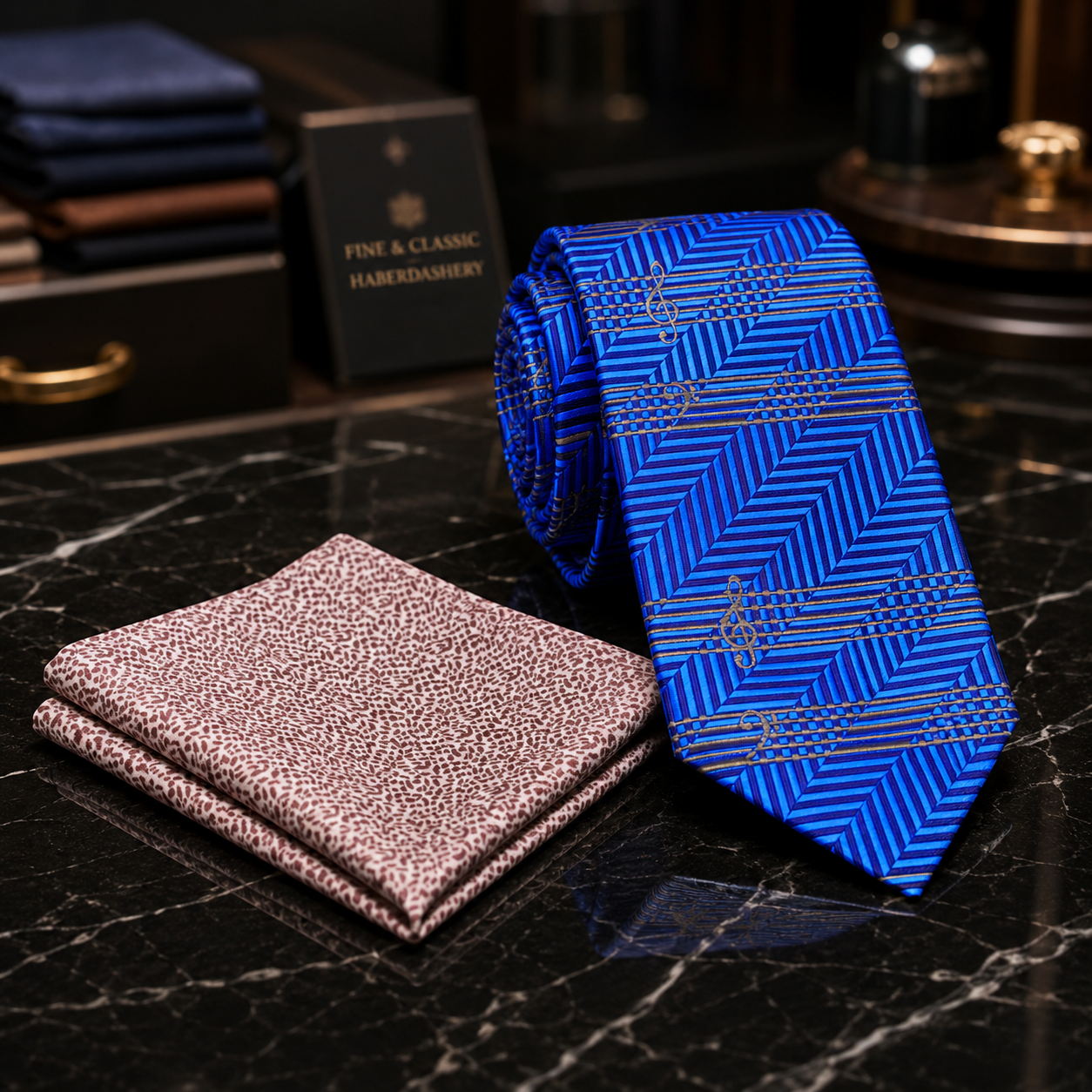 A men's necktie and matching pocket square set displayed on a dark marble surface. The tie is bright blue with a geometric herringbone pattern in lighter blue and thin gold lines.