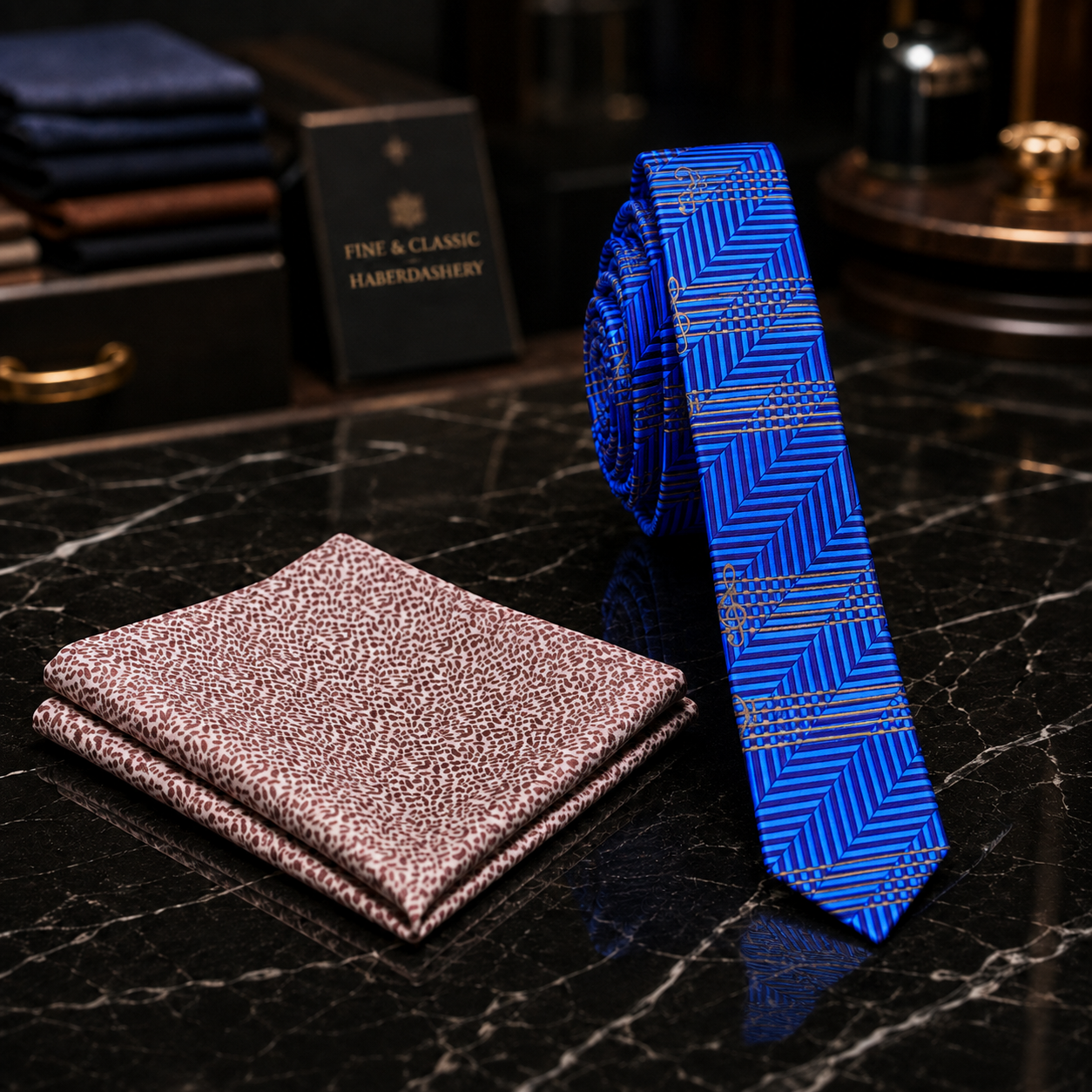 A men's necktie and matching pocket square set displayed on a black marble surface. The tie is bright blue with a geometric herringbone pattern, and the pocket square is a textured dusty rose/pink color.