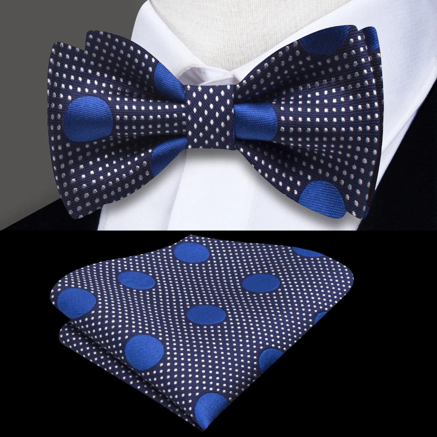 Deep Blue, Blue Polka Bow Tie and Pocket Square