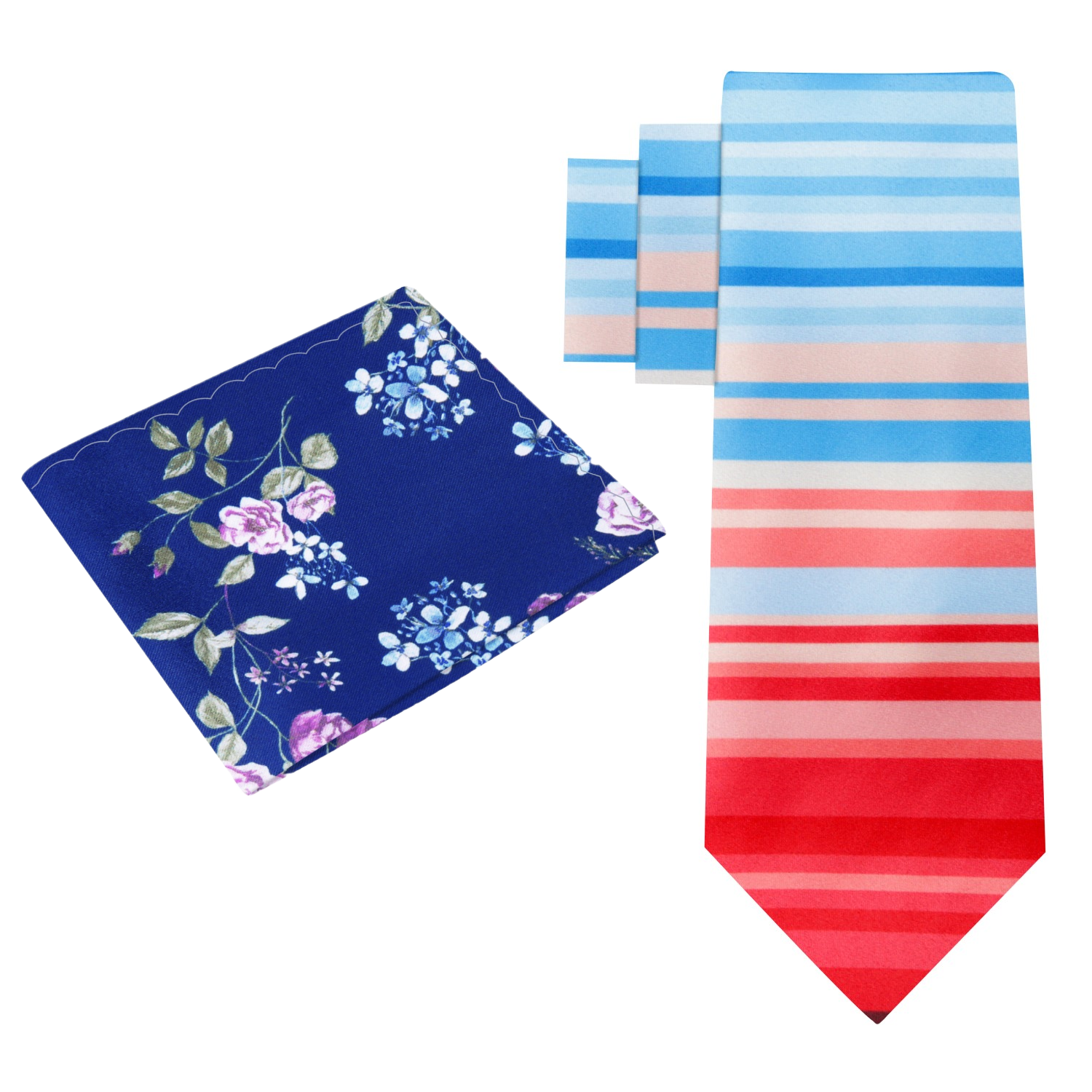 Blue and Red lined necktie and accenting blue floral square