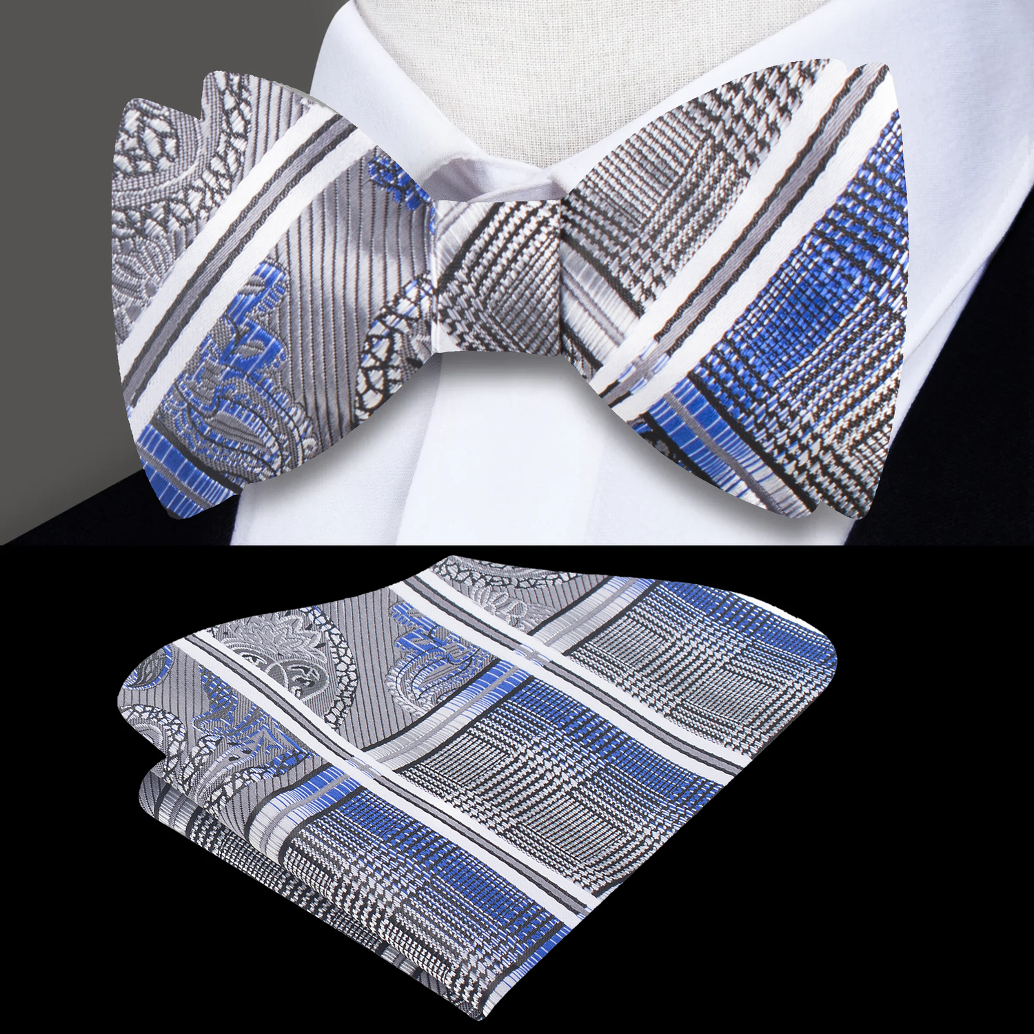 Main: A Silver, Black, Blue Geometric and Paisley Pattern Silk Self Tie Bow Tie, Matching Pocket Square