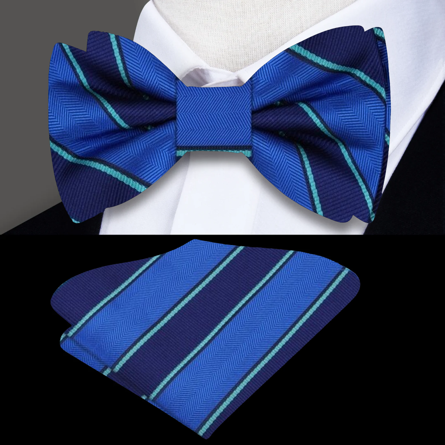 Blue, Green Block Stripe Bow Tie and Square