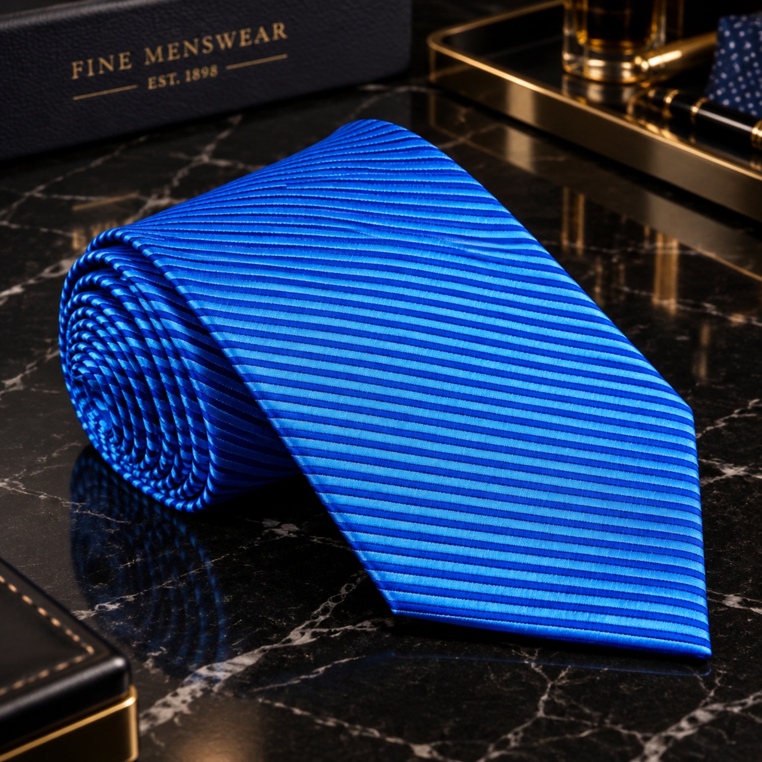 A blue necktie with fine horizontal stripes, shown rolled on the left and laid flat  