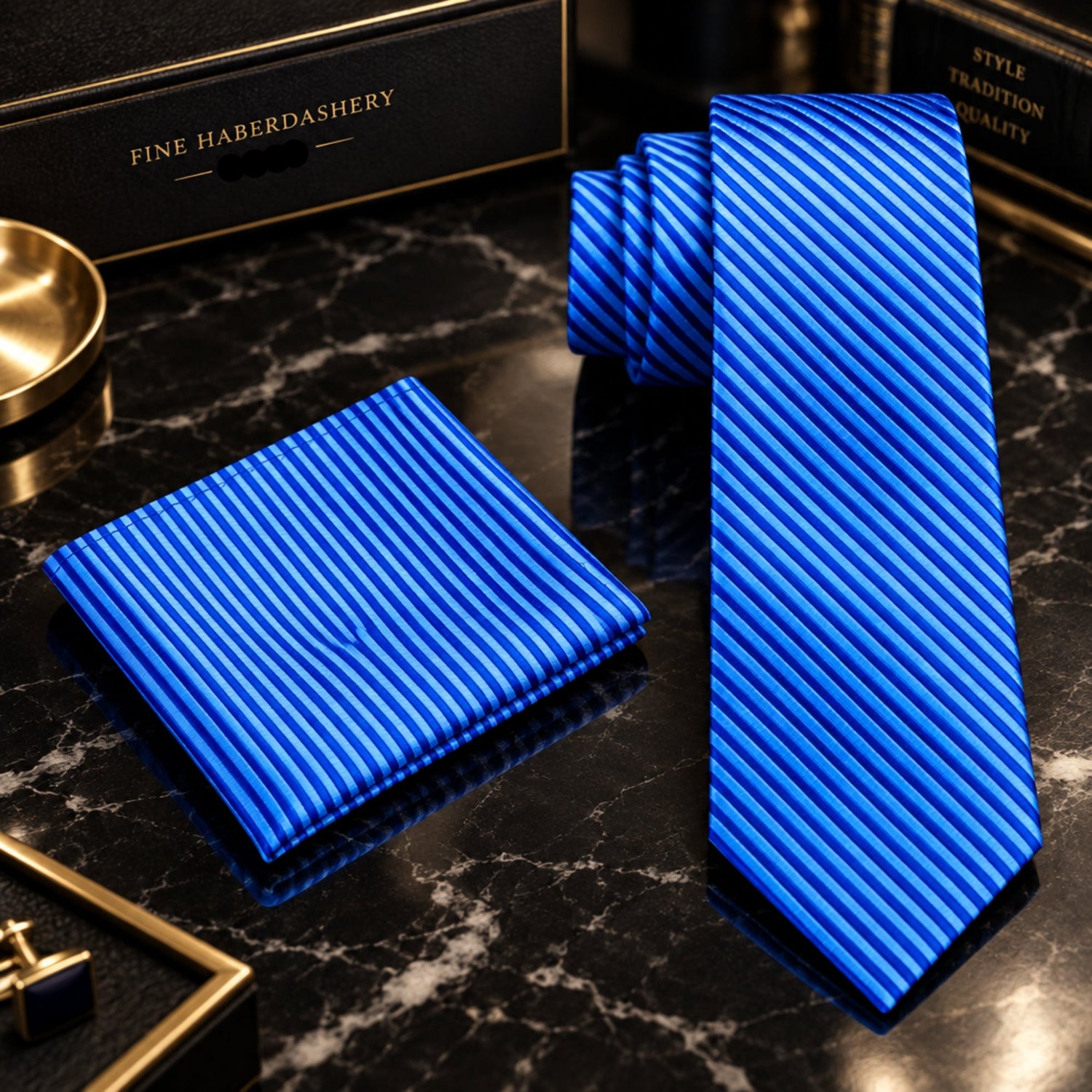 A matching men's necktie and pocket square set in bright blue with a diagonal striped pattern,  
