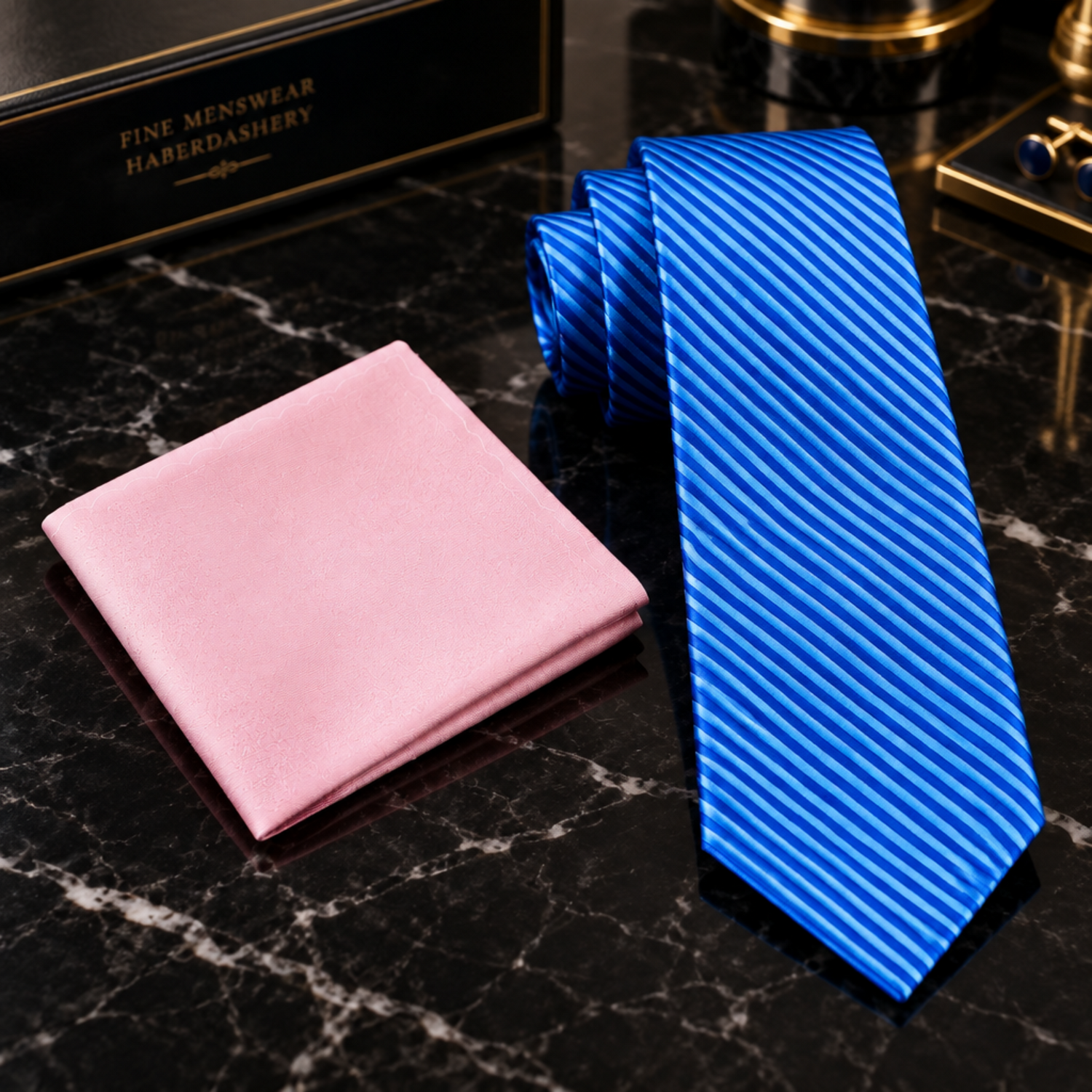 A men's necktie and matching pocket square set on a plain white background. The necktie is bright blue with diagonal striped texture, and the matching pocket square is light pink.