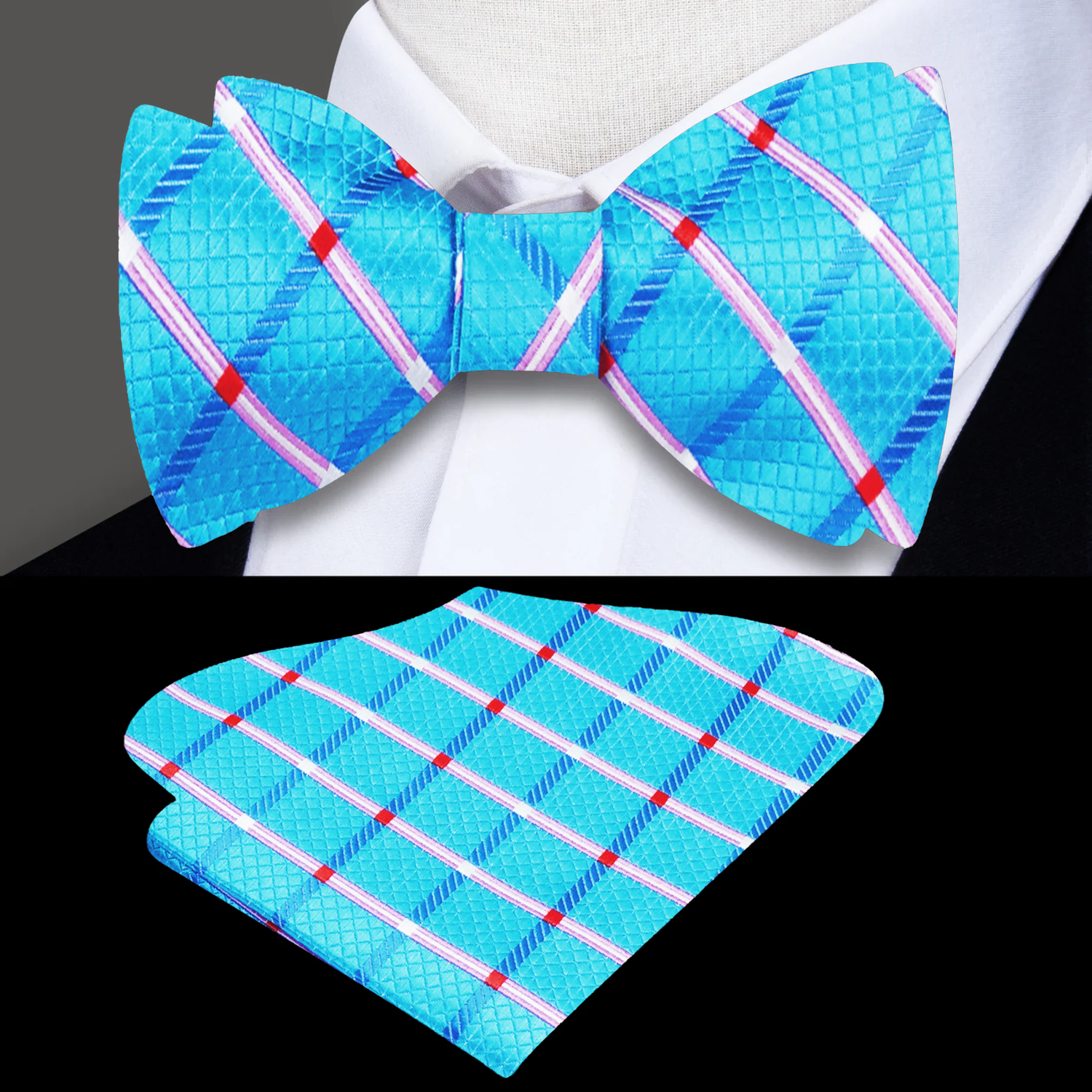 Blue Geometric Bow Tie and pocket Square
