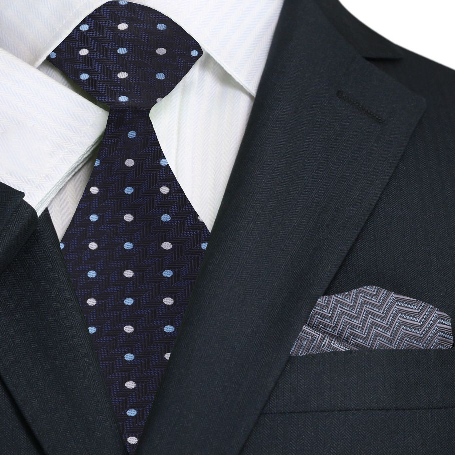 Deep Blue, Grey, Light Blue Polka with Herringbone Tie and Grey, Light Blue Wavy Lines Square