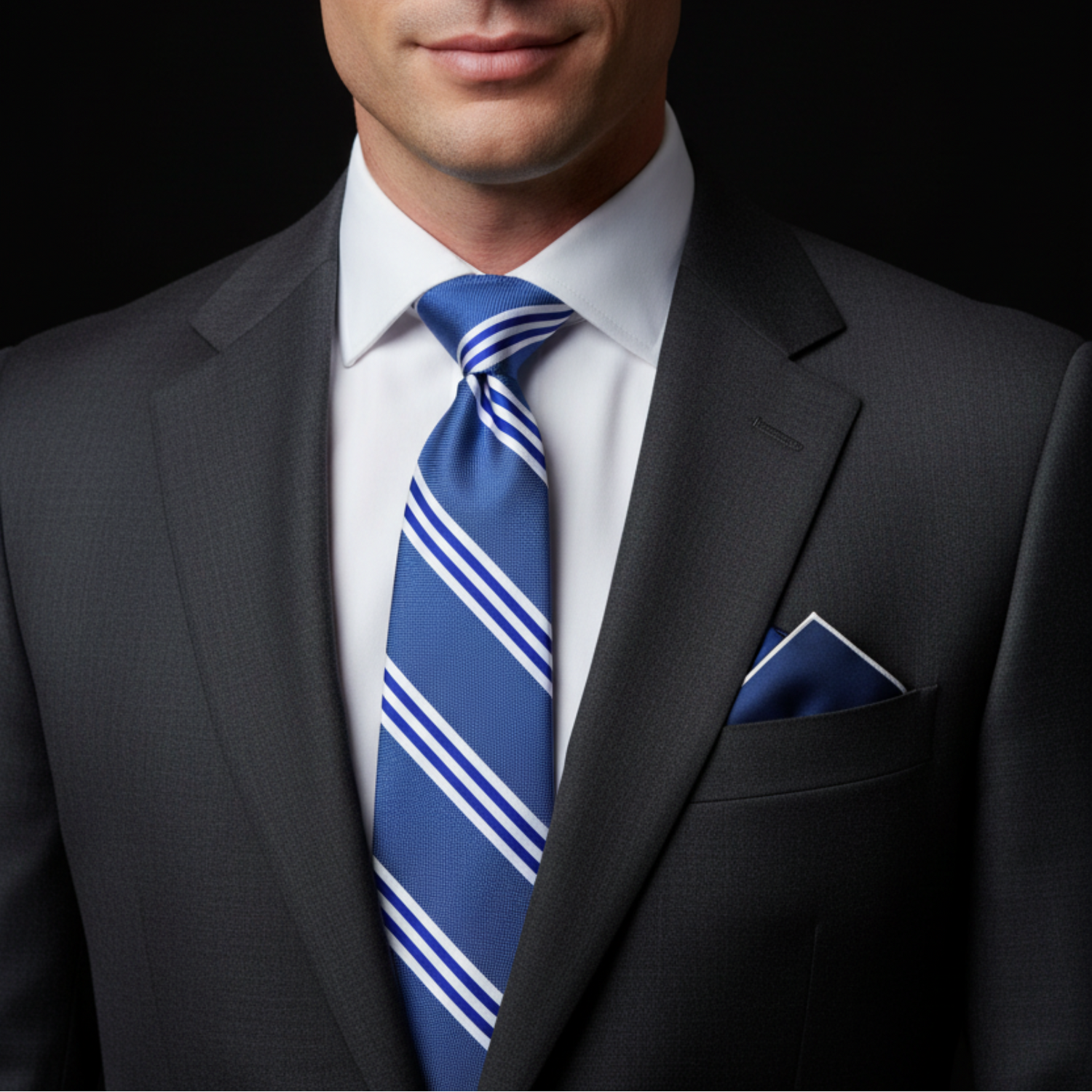 Royal Blue and White Stripe Necktie with Pocket Square Options