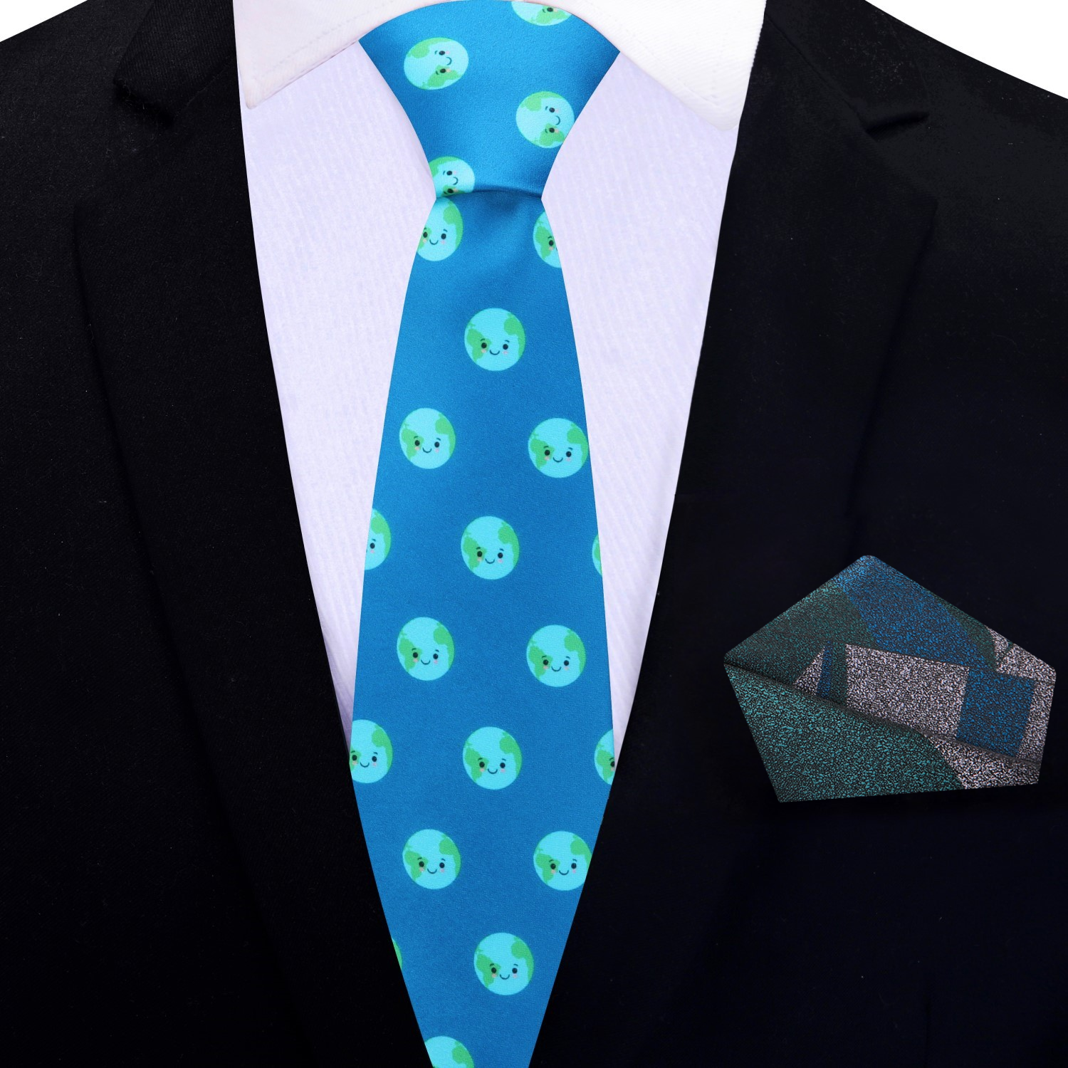 Thin Blue and Green Earth Necktie and Accenting Blue Green Square