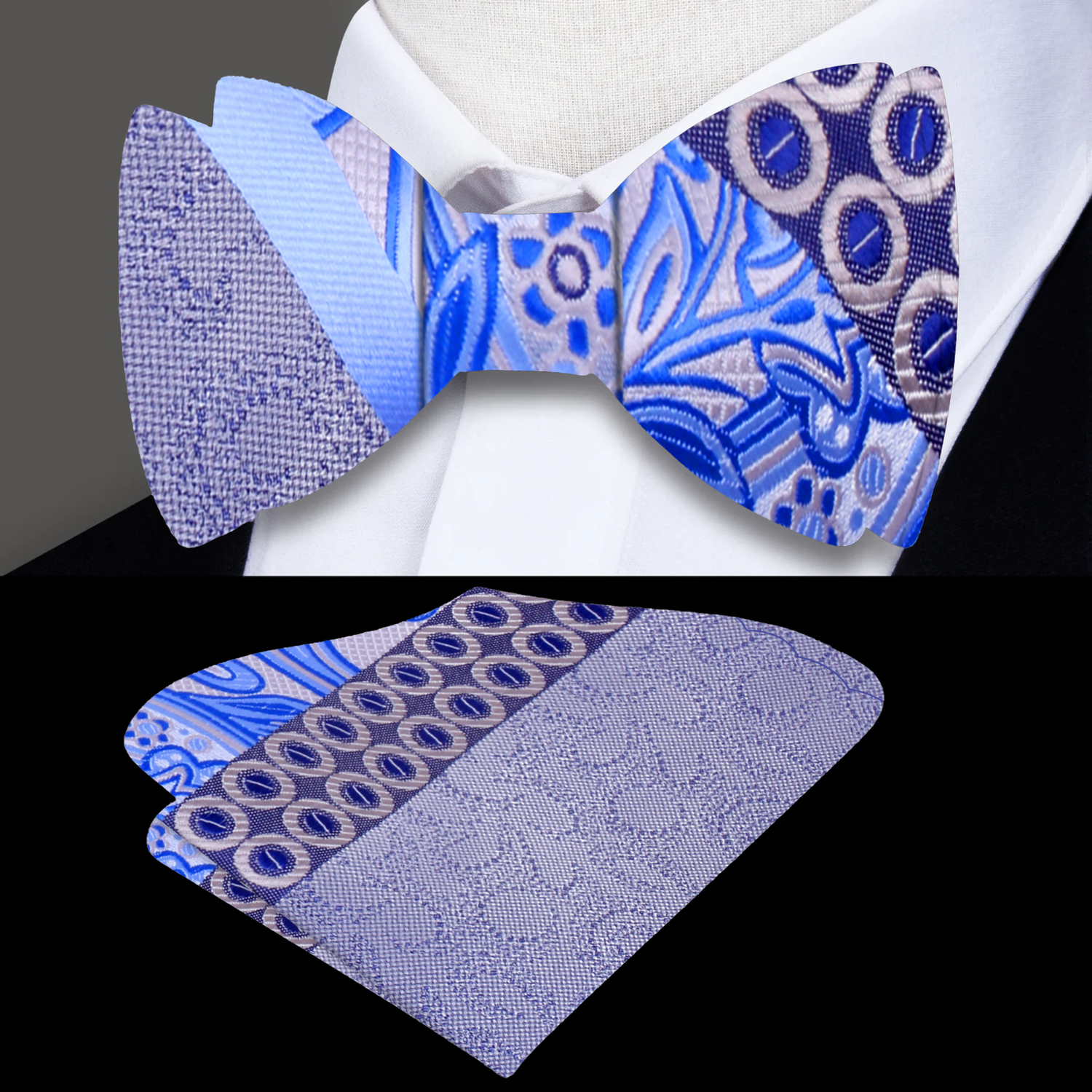 Main: A Blue, Grey Abstract Waves, Paisley, Dot Pattern Silk Self Tie Bow Tie, With Matching Pocket Square
