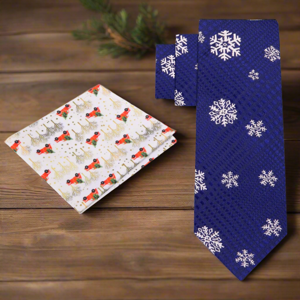 Blue, White Snowflake Tie and Accenting Pocket Square