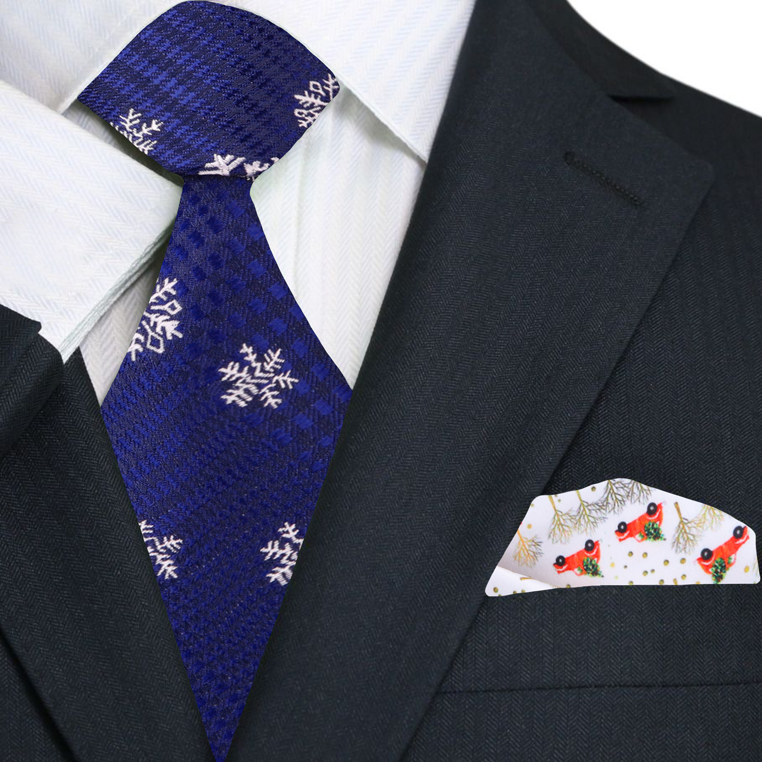 Main: Blue, White Snowflake Tie and Accenting Pocket Square