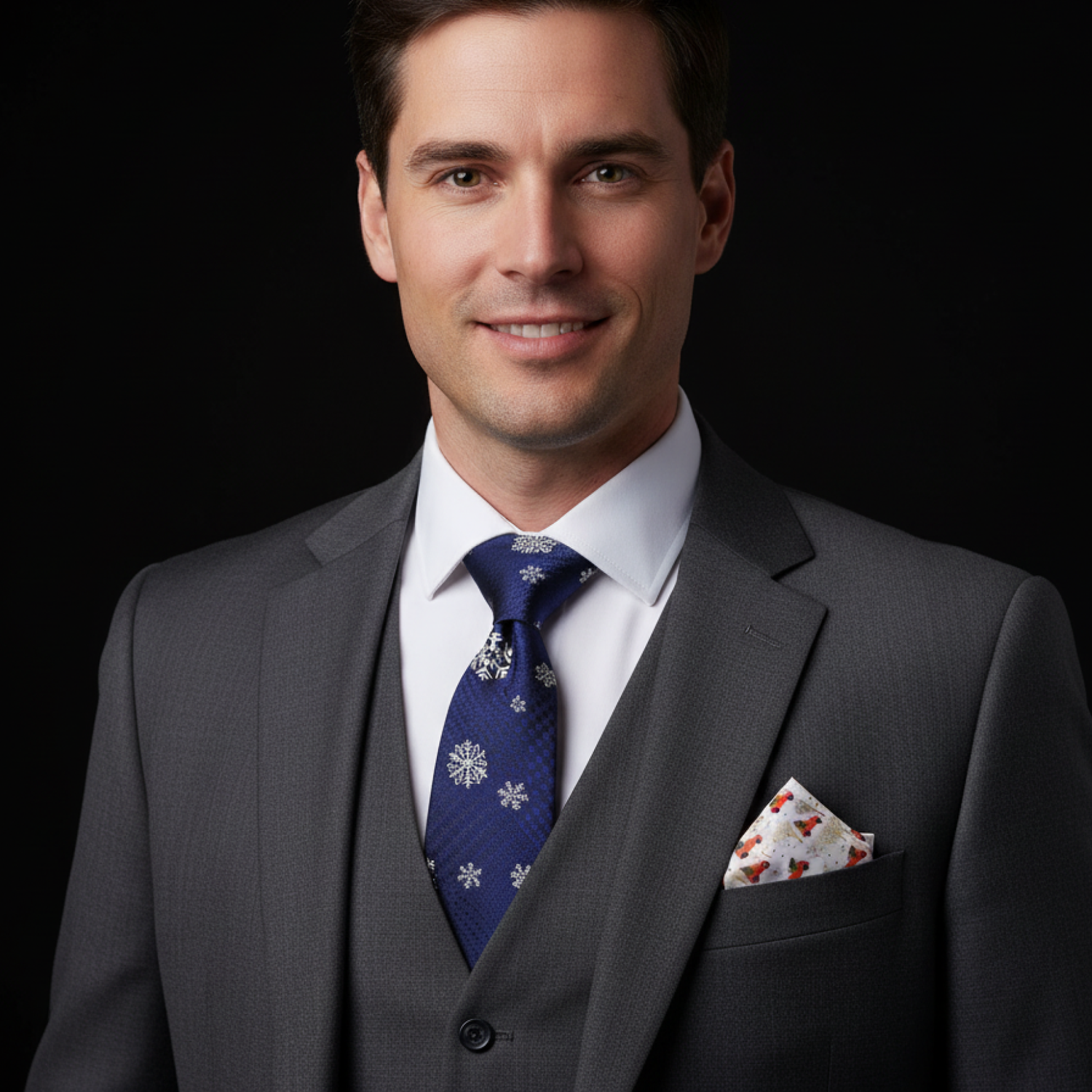 Man wearing a gray suit with a blue tie and patterned pocket square on a black background