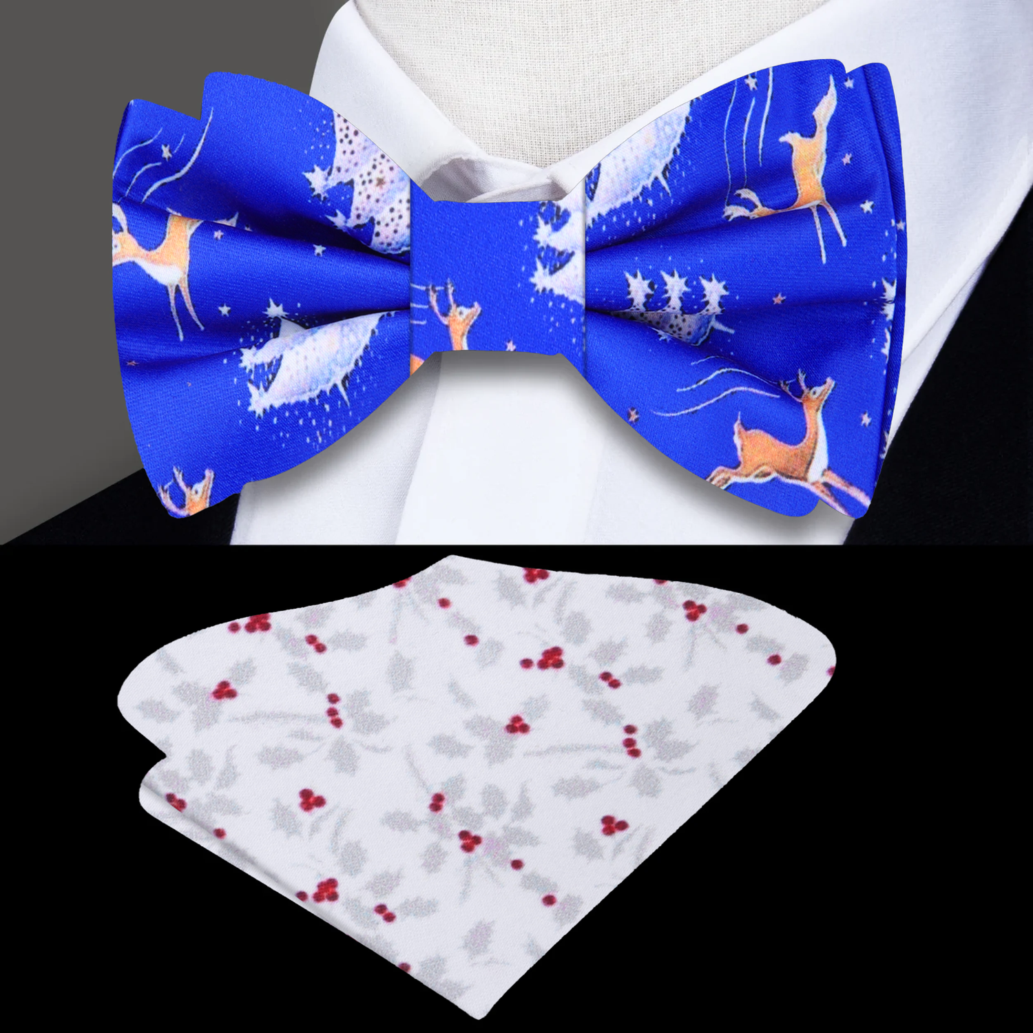 Blue Flying Reindeer Bow Tie and Accenting Square