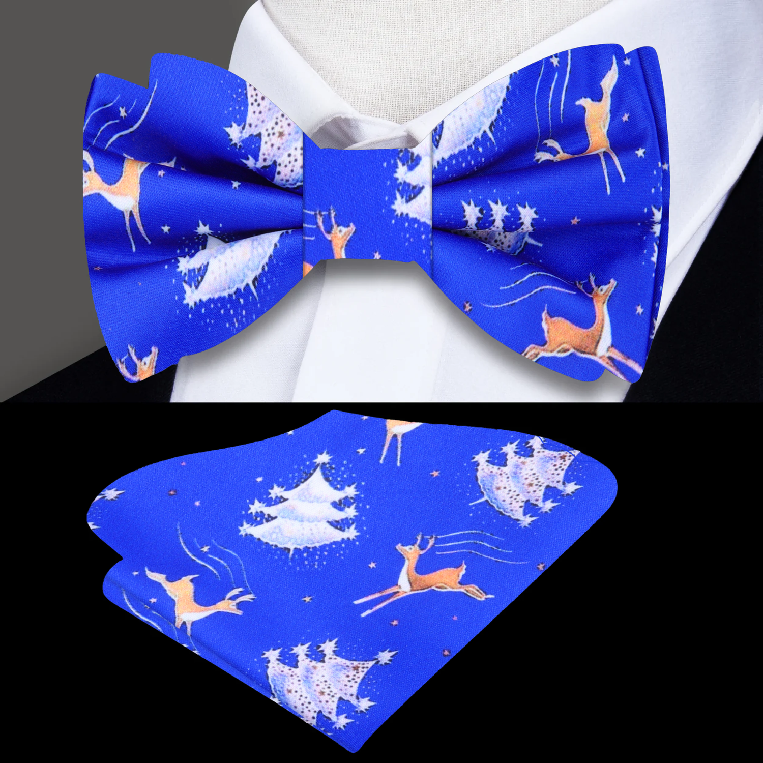 Blue Flying Reindeer Bow Tie and Square