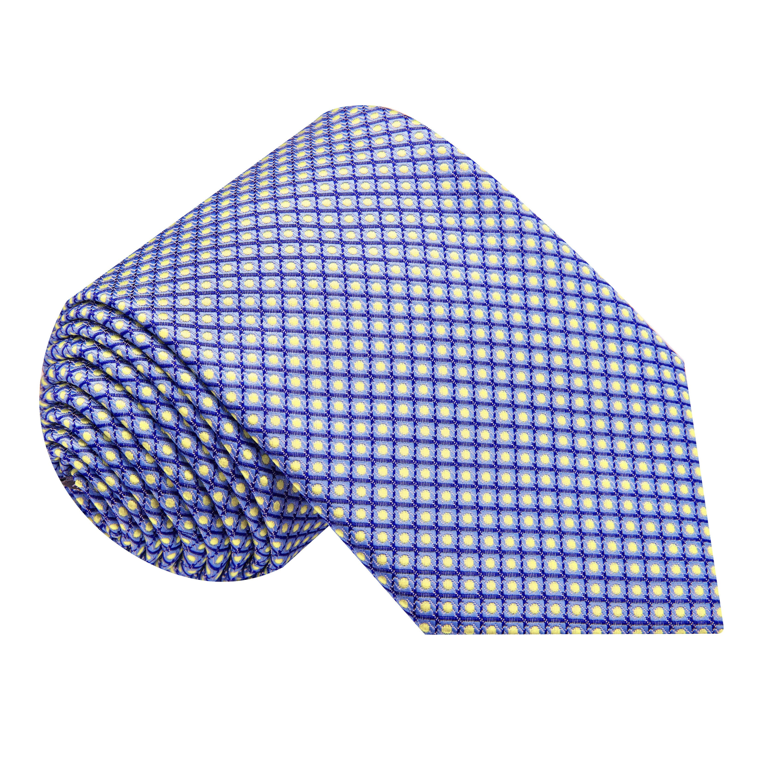 A rolled necktie with a blue and yellow geometric grid pattern, displayed on a clean white background.