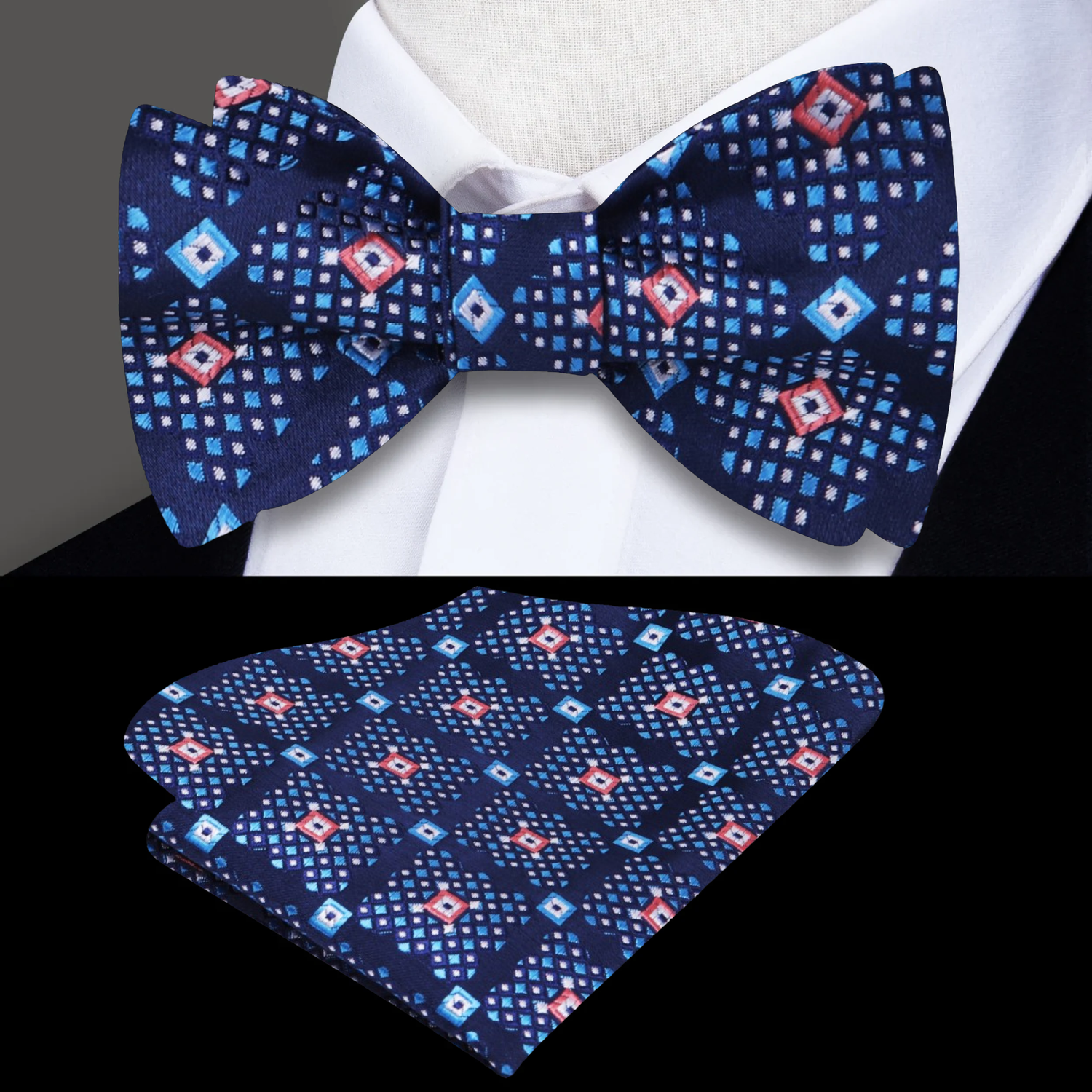 A Dark Blue, Light Blue, Peach Abstract Diamond Pattern Silk Self Tie Bow Tie, Matching Pocket Square