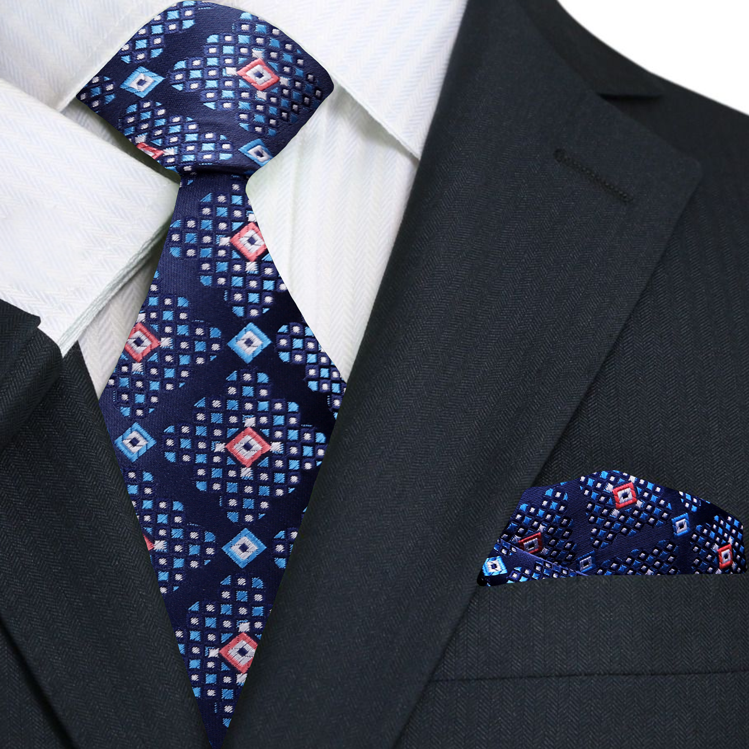 Blue Geometric Tie and Square