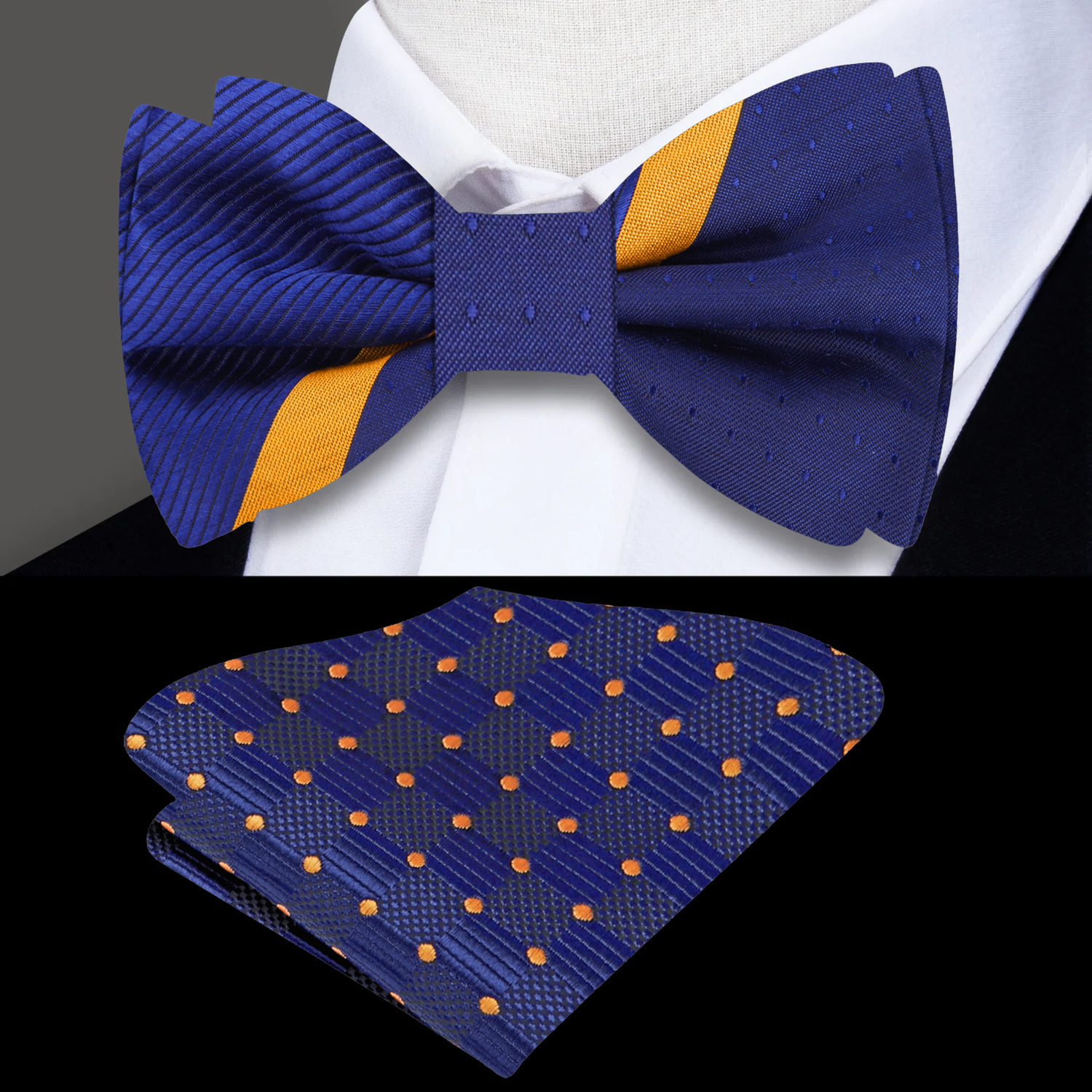 Blue and Yellow Gold Bow Tie and Accenting Pocket Square