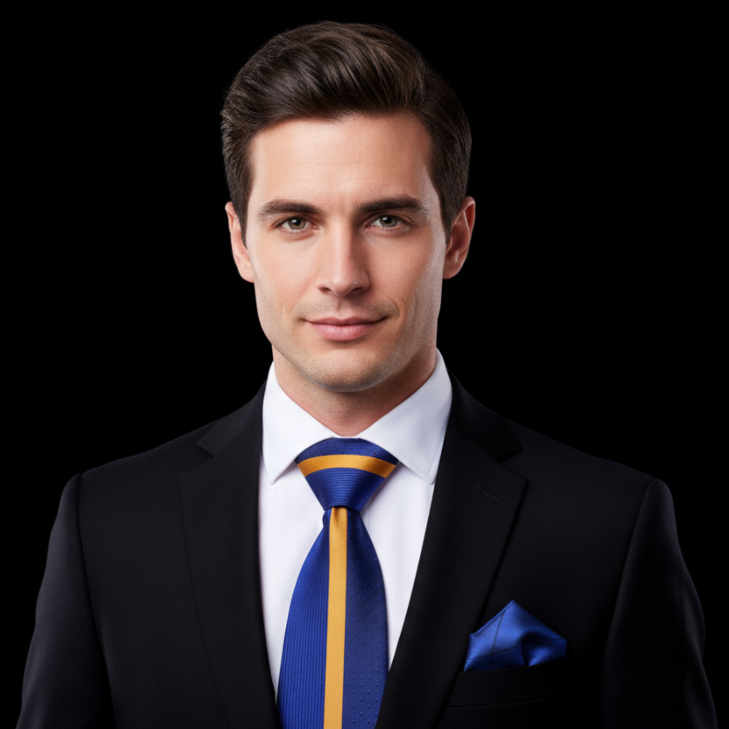Man wearing blue and gold stripe tie and blue square