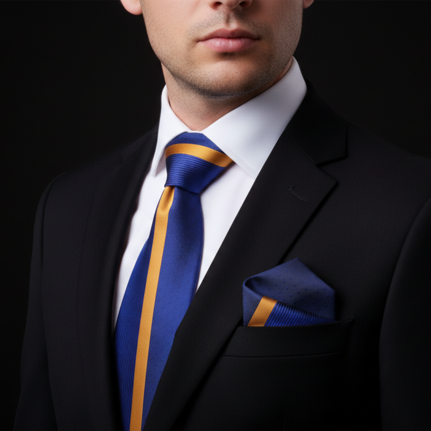 Man wearing blue with golden yellow stripe tie and square