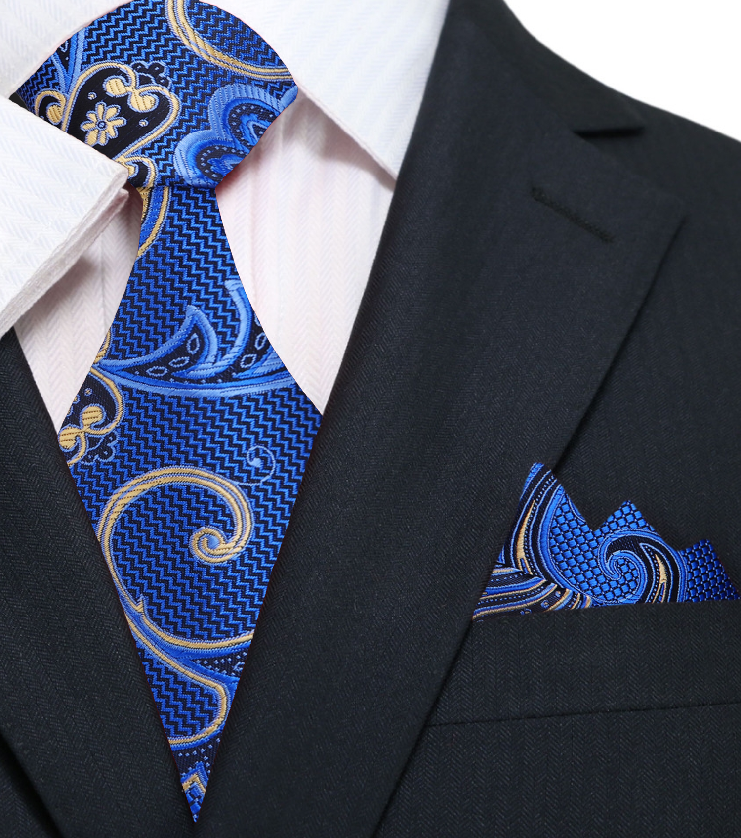 A Blue, Gold, Black Color Paisley Pattern Silk Necktie, Matching Pocket Square