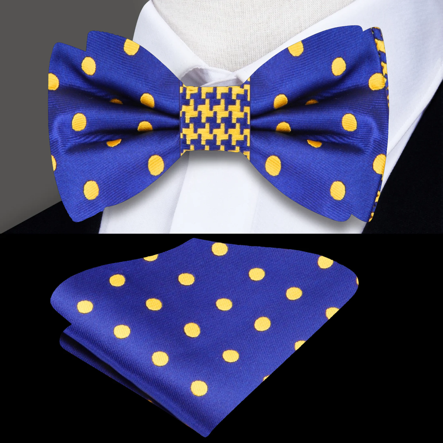 Blue, Gold Hounds Tooth and Polka Bow Tie and Square