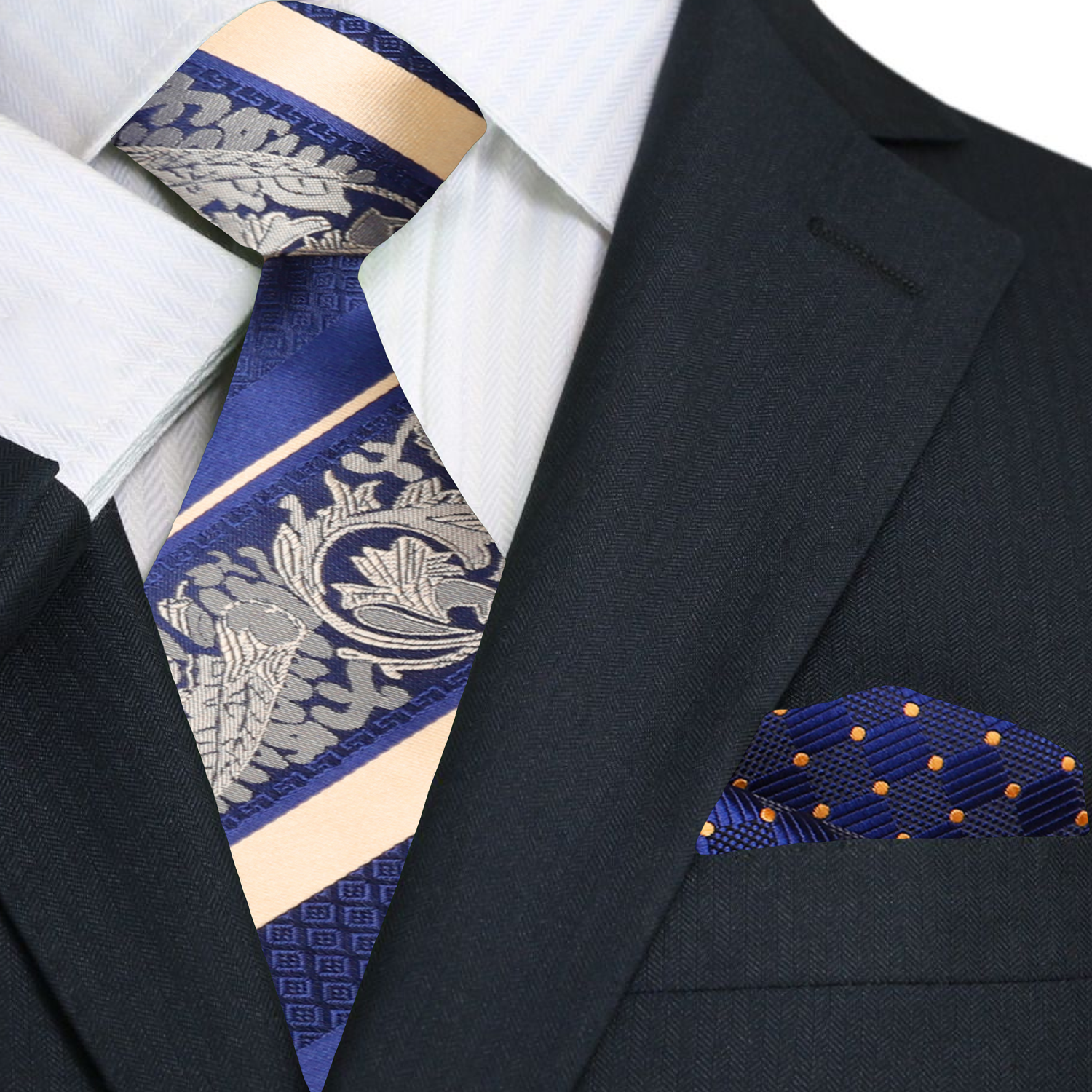 Premium Blue and Yellow Gold Stripe and Floral Necktie and Accenting Square