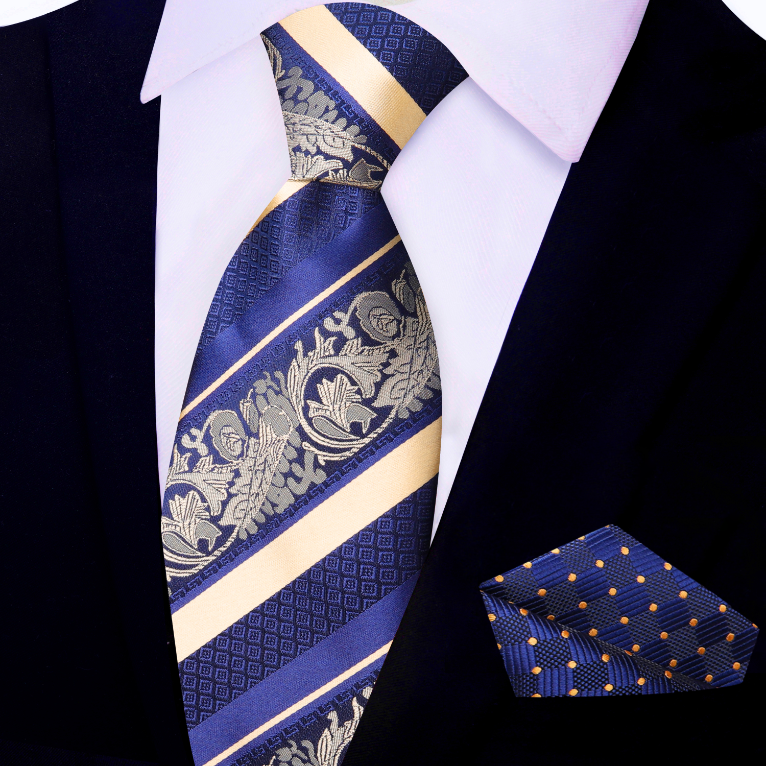 Main Blue and Yellow Gold Stripe and Floral Necktie and Accenting Square