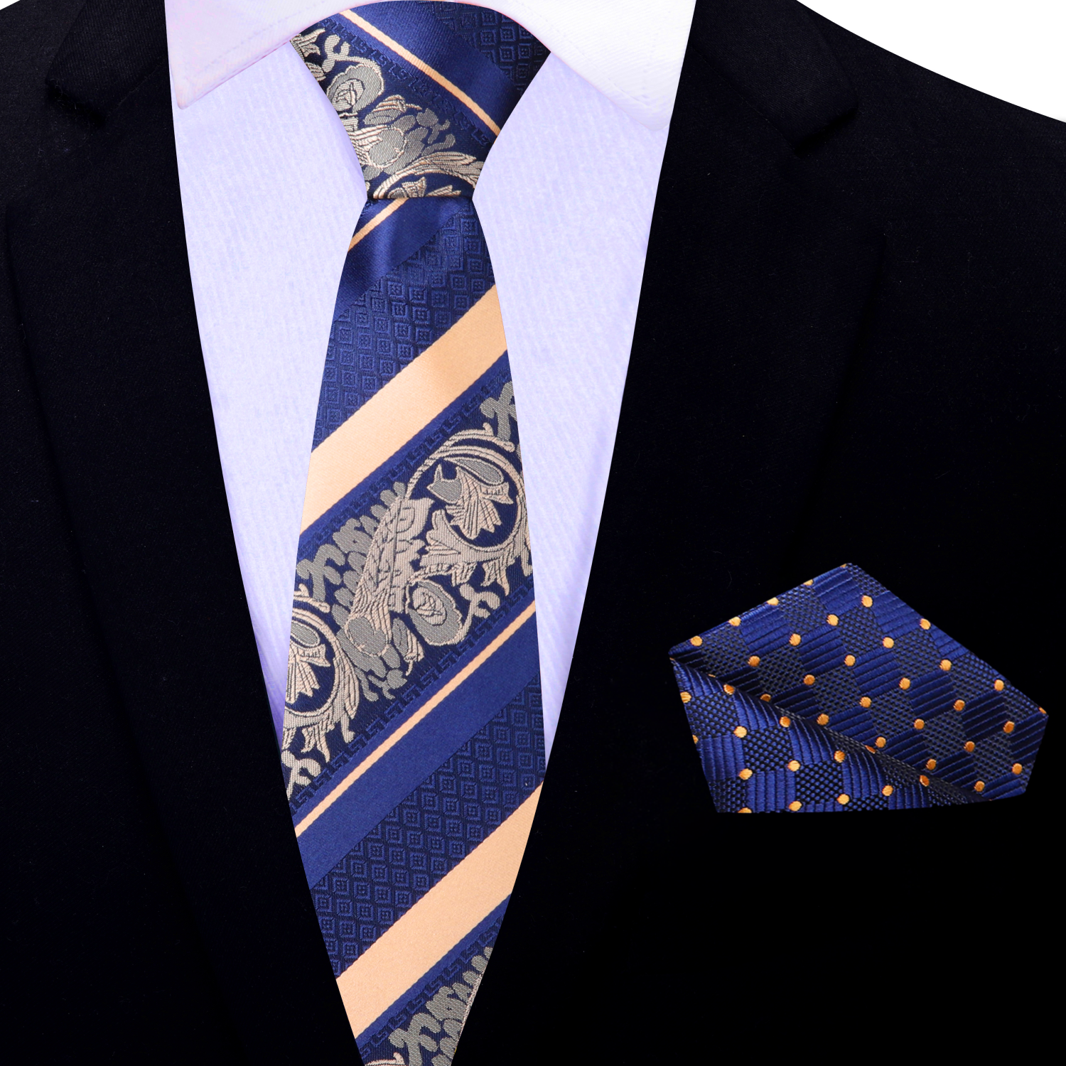 Thin Blue and Yellow Gold Stripe and Floral Necktie and Accenting Square