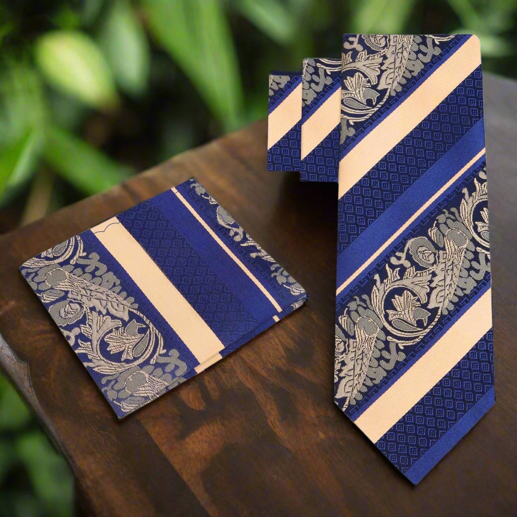 Alt Blue and Yellow Gold Stripe Tie and Square