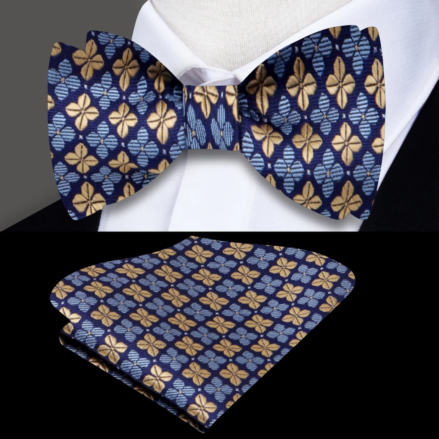 Blue and Gold Clover Bow Tie and Square