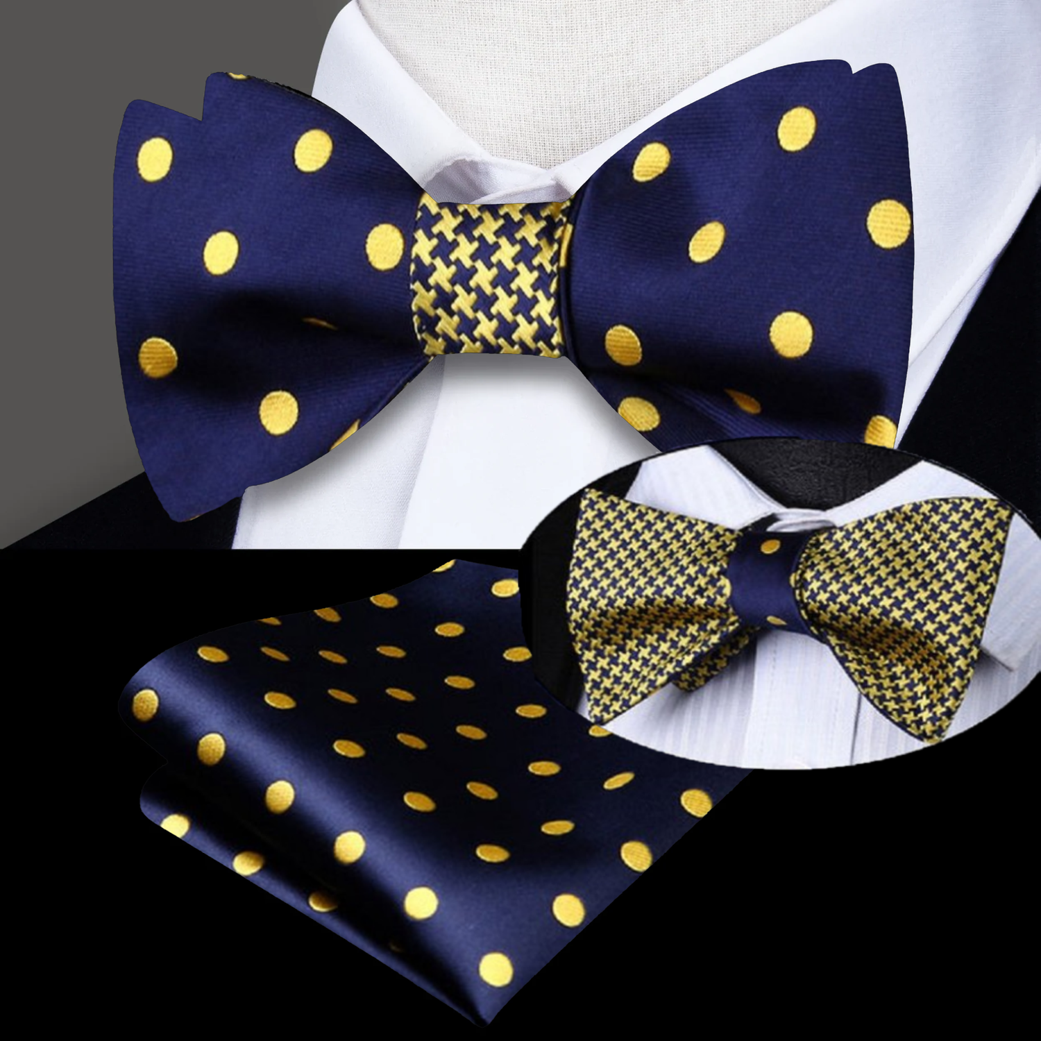 Blue and Gold Dots Double Sided Bow Tie and Square