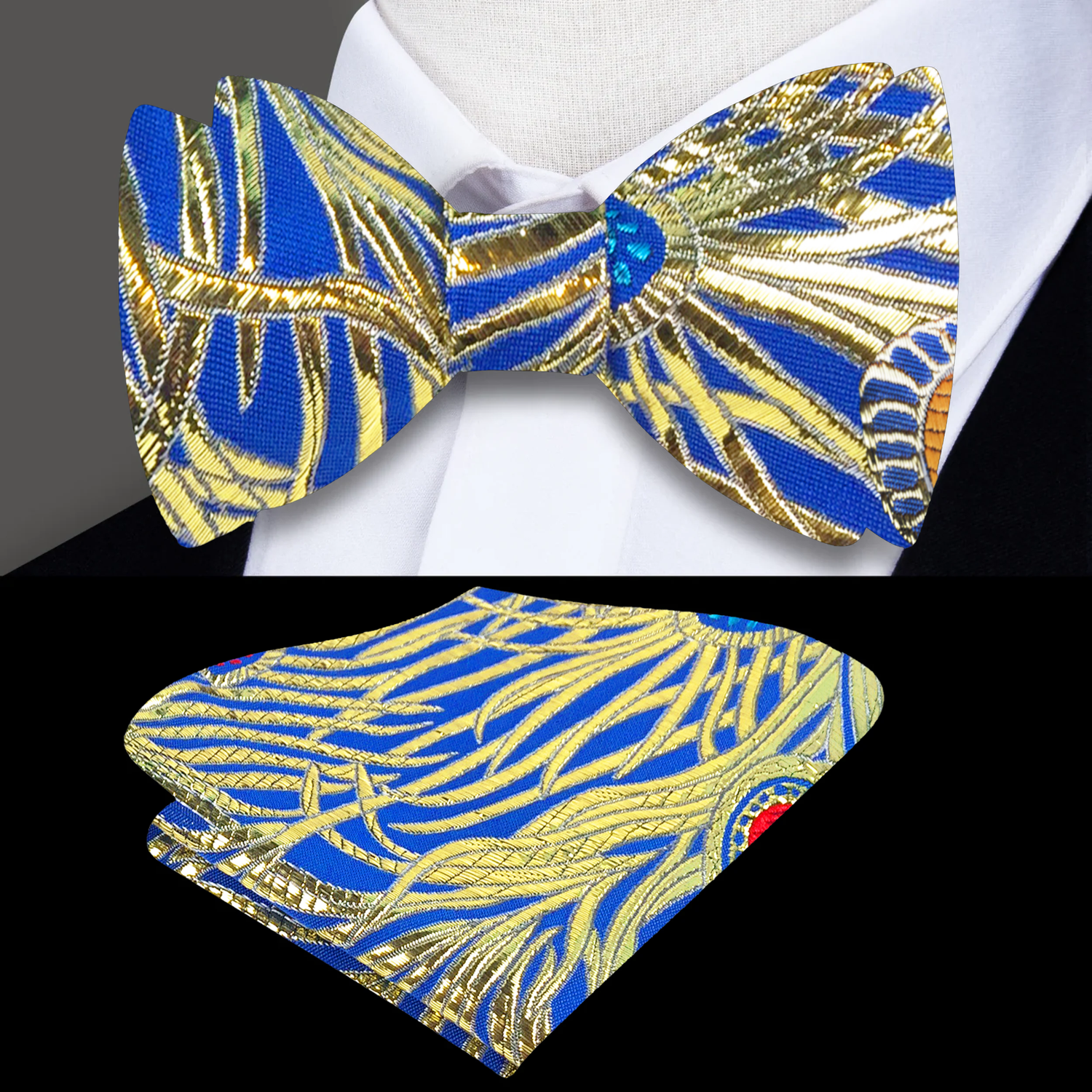 Blue, Shining Gold, Red Abstract Bow Tie and Pocket Square