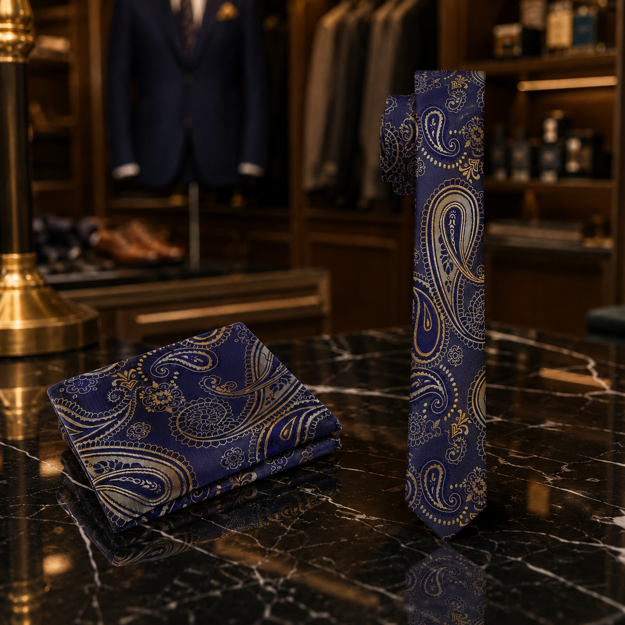 A navy blue paisley pocket square set displayed on a black marble countertop, with one folded pocket square and one standing necktie, both featuring gold and beige paisley patterns. The background shows a blurred upscale suit store interior.