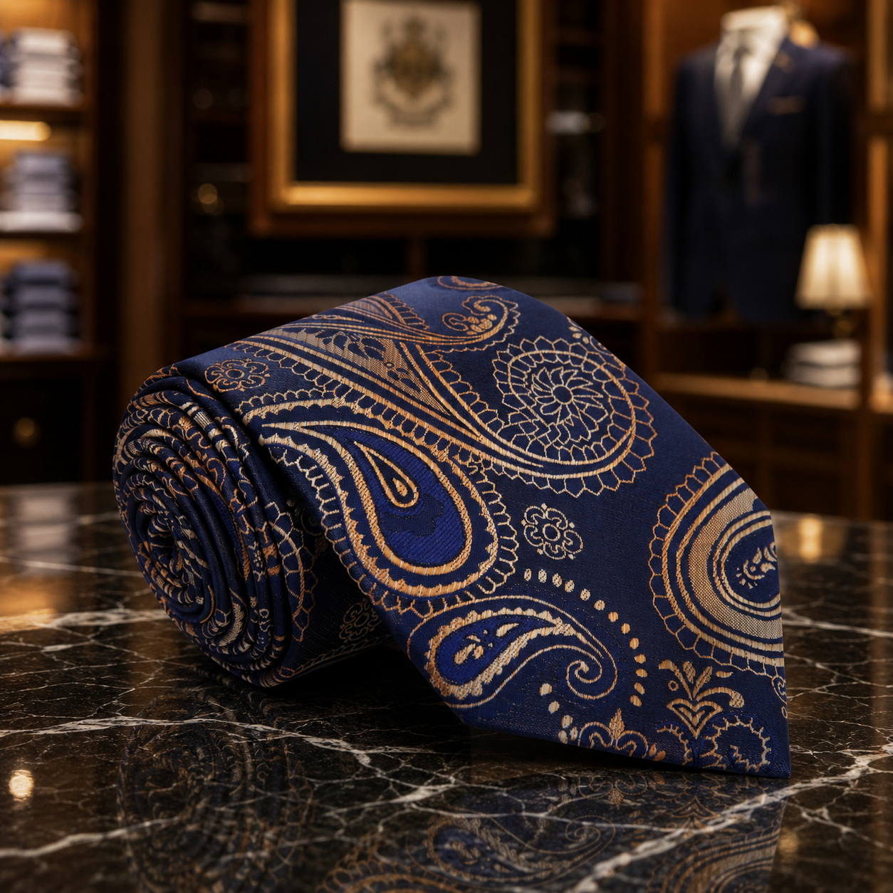 A rolled navy blue necktie with a beige and gold paisley pattern, displayed on a polished black marble surface in a luxury men's clothing showroom.