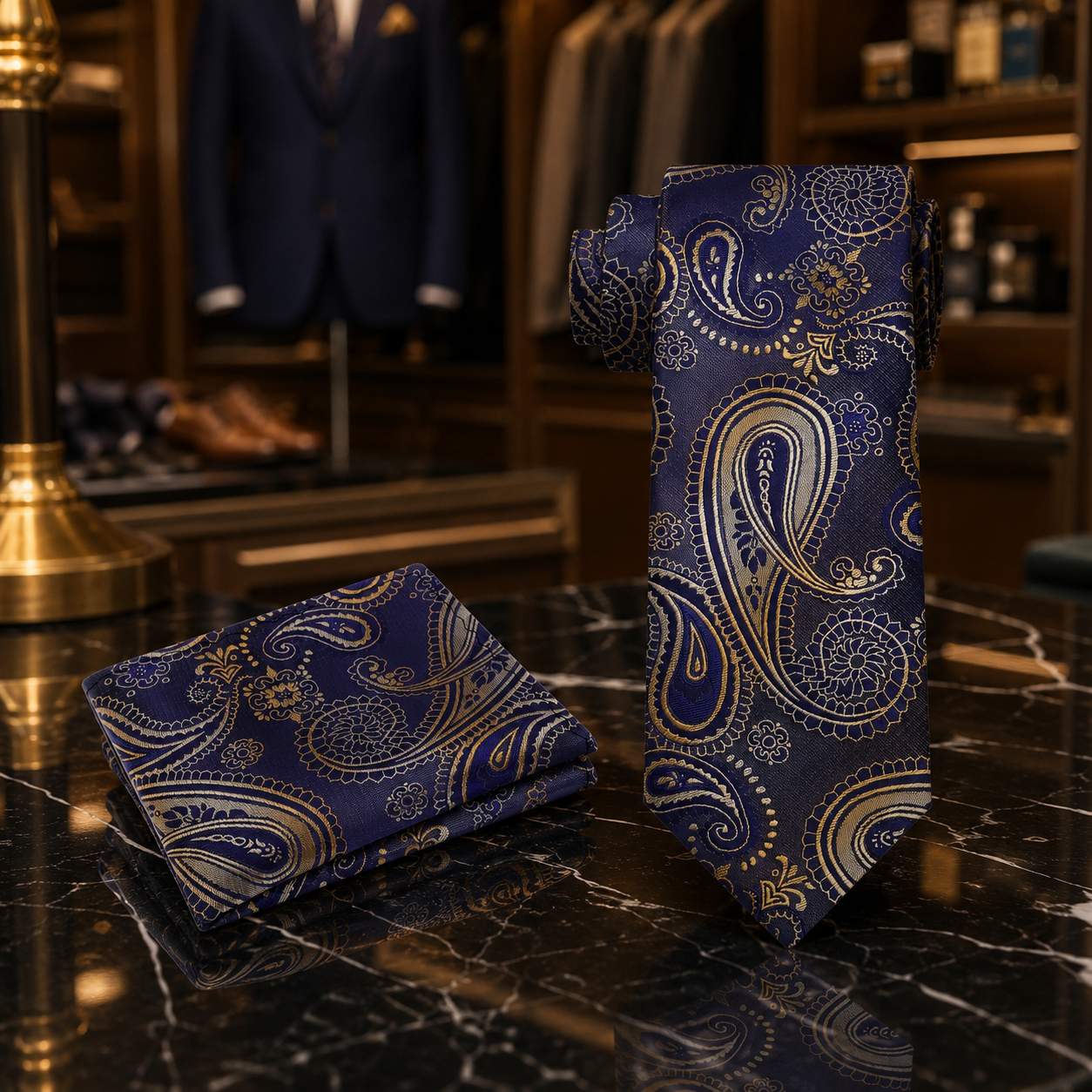 A navy blue paisley tie and matching pocket square set with gold and silver detailing, displayed on a black marble surface in a luxury clothing store.
