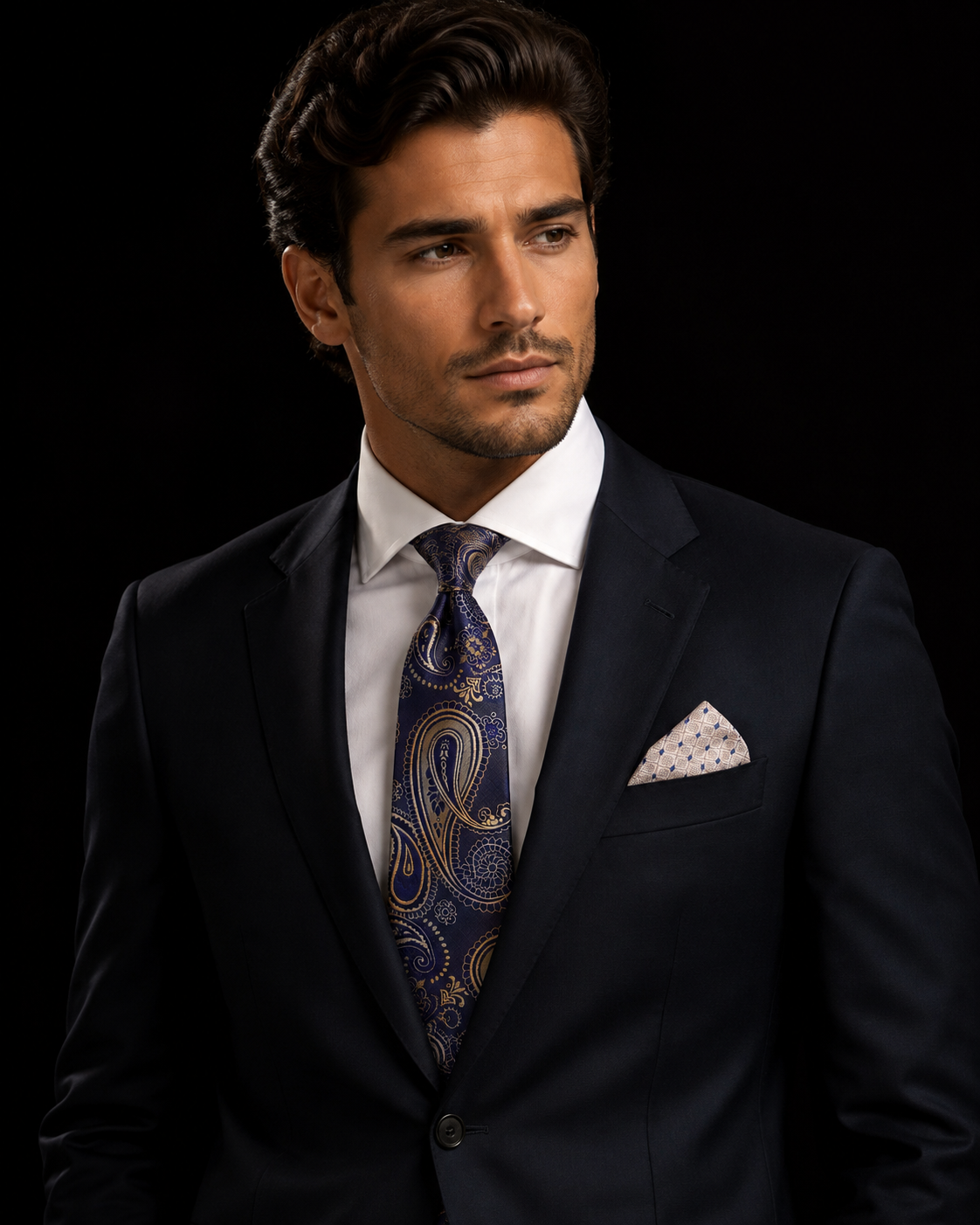 A man wearing a dark navy suit, white dress shirt, a blue paisley patterned tie, and a matching patterned pocket square, set against a solid black background.