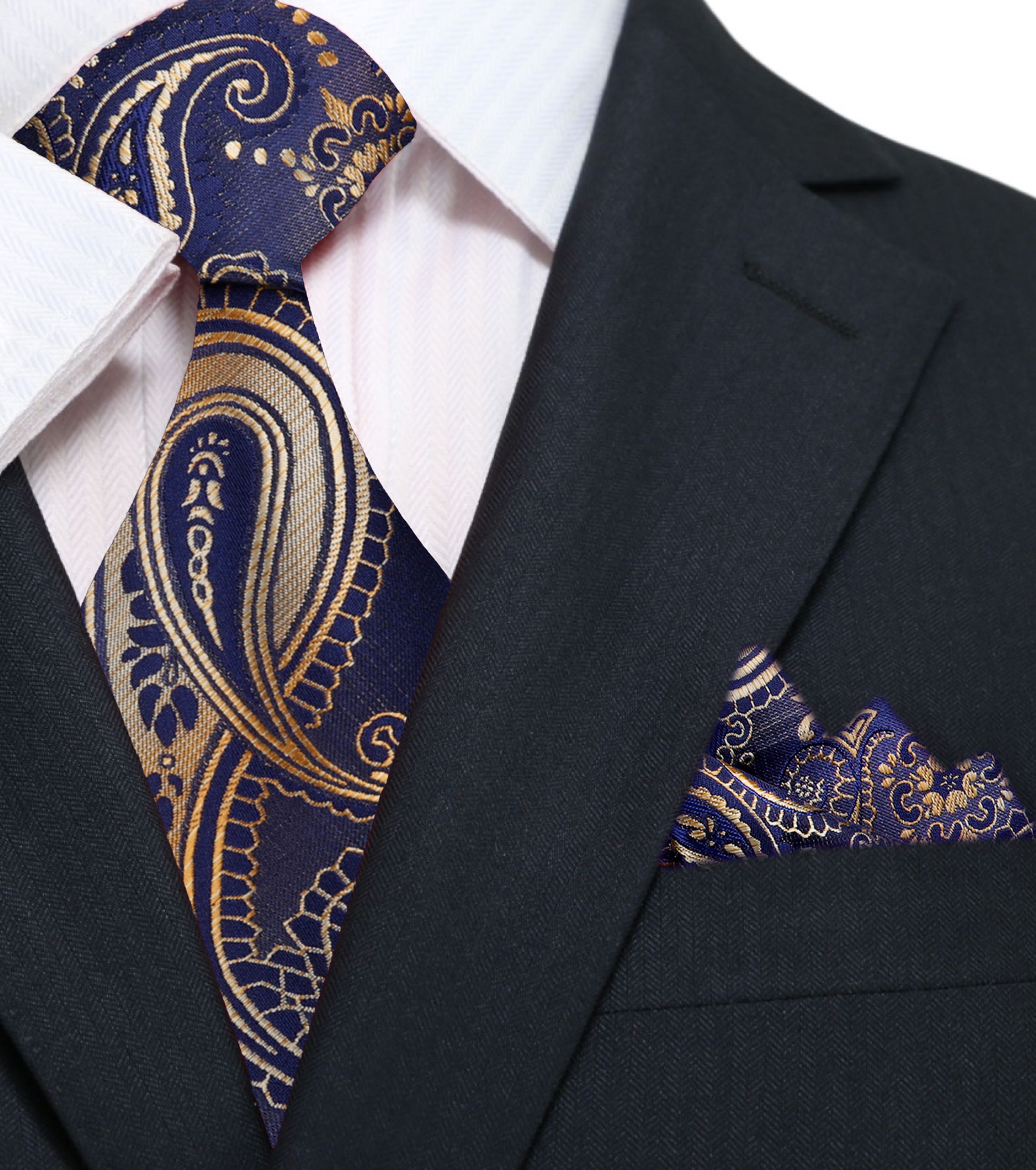 blue gold paisley tie and pocket square||Navy, Gold