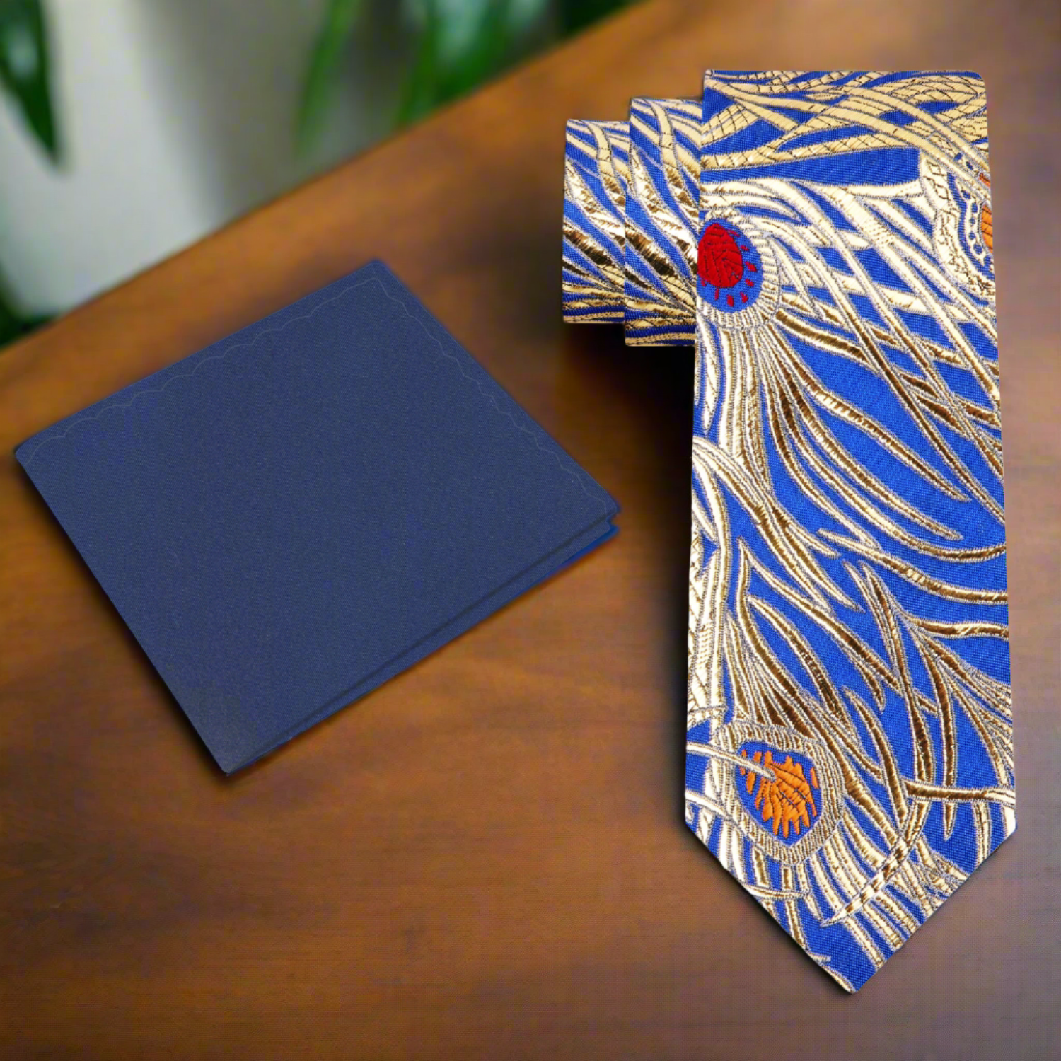 Alt Premium A Bright Blue With Metallic Gold, Blue, Red And Orange Color Abstract Peacock Pattern Silk Necktie, Blue Silk Pocket Square