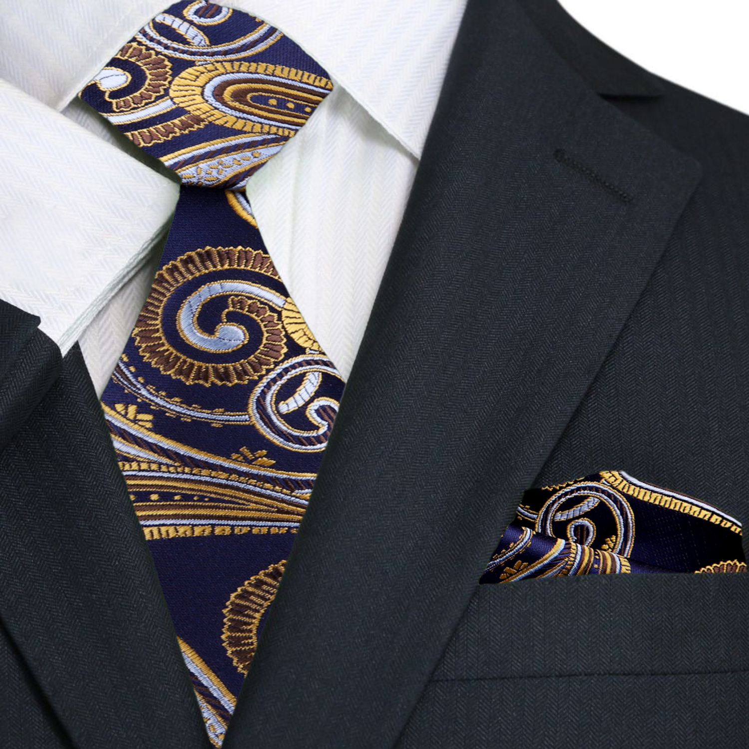 A Light Gold, Dark Blue Paisley Pattern Silk Necktie, With Matching Pocket Square