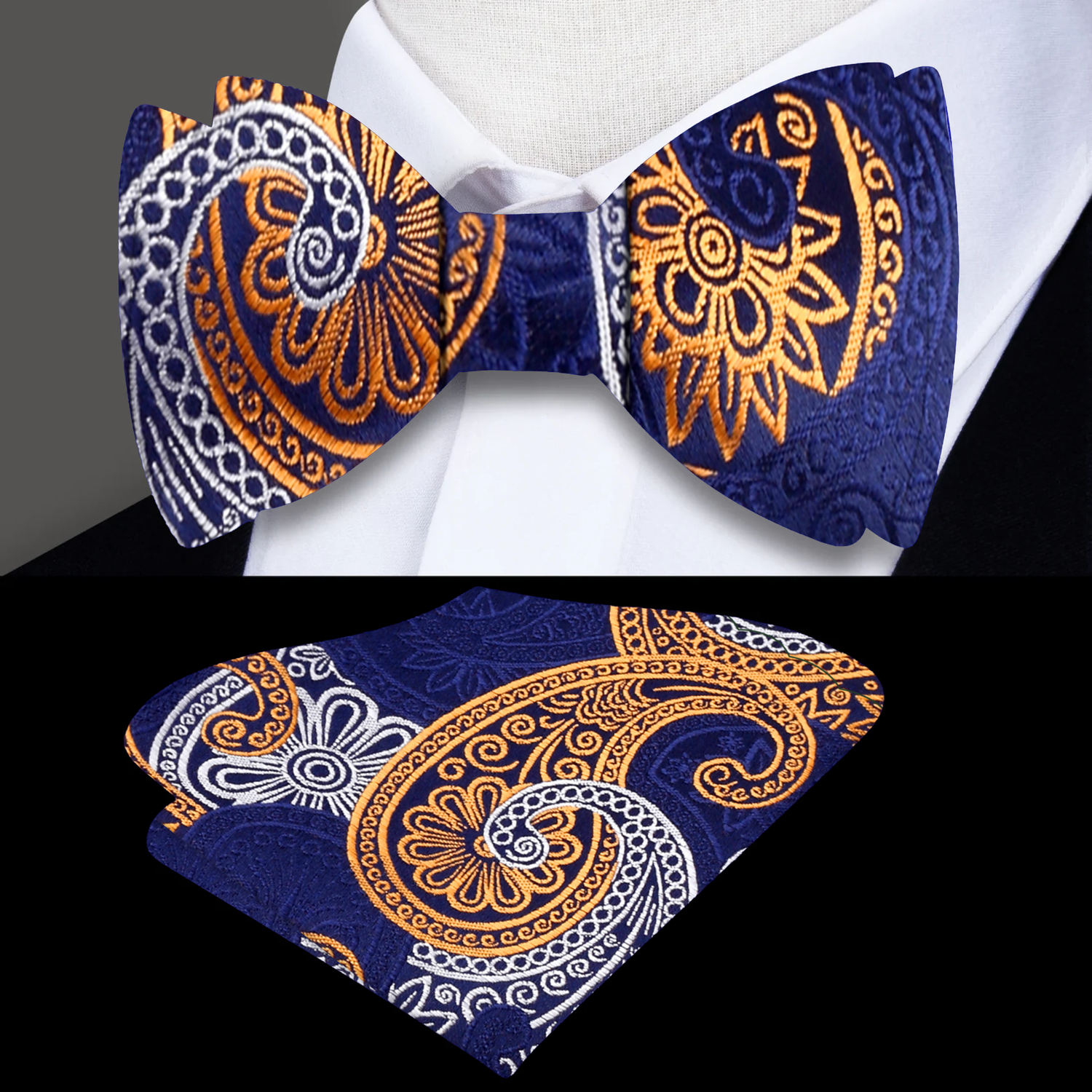 Main View: Blue, Yellow, White Paisley Bow Tie and Pocket Square