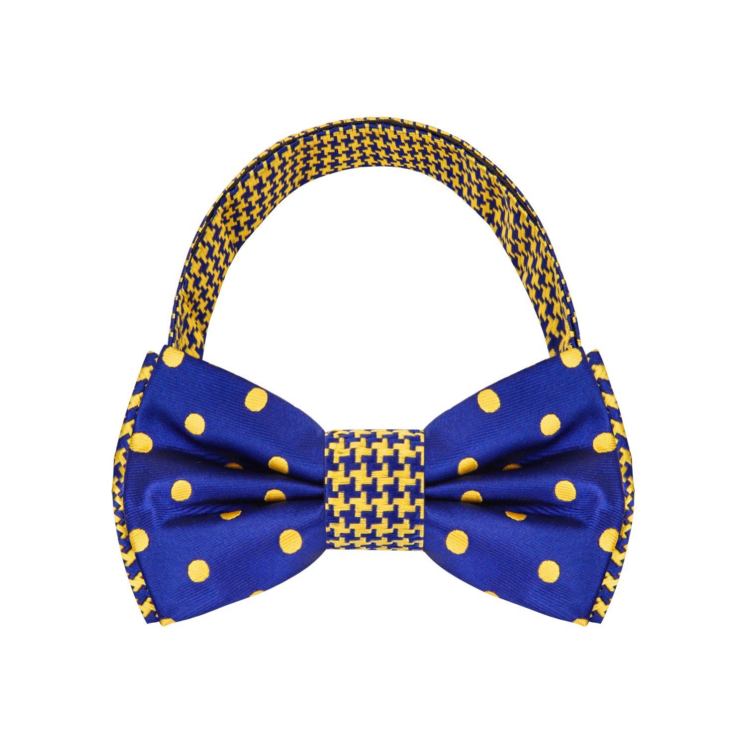 Blue, Gold Hounds Tooth and Polka Bow Tie Pre Tied