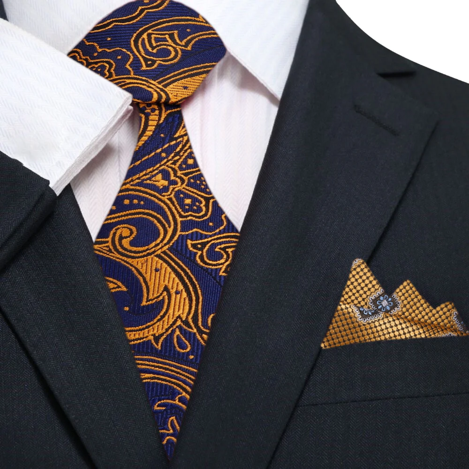 A Dark Blue, Gold Abstract Paisley Pattern Silk Necktie, Accenting Pocket Square