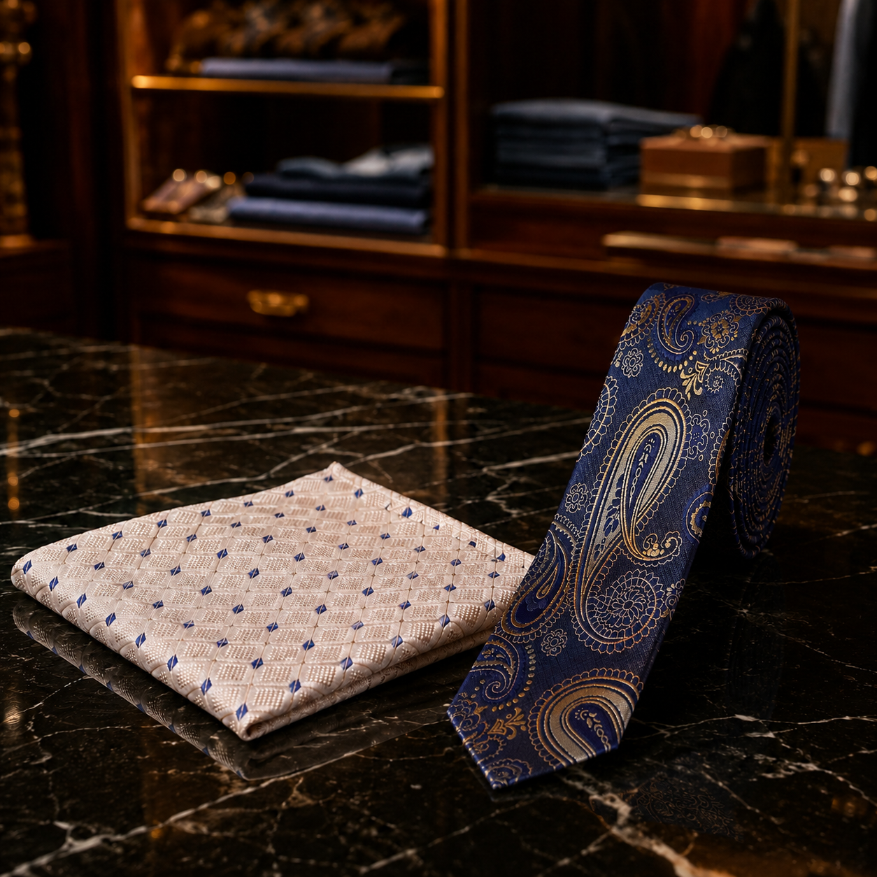 A navy blue paisley necktie with gold and beige detailing stands next to a matching beige pocket square with small blue dots on a dark marble tabletop, with a blurred boutique interior in the background.