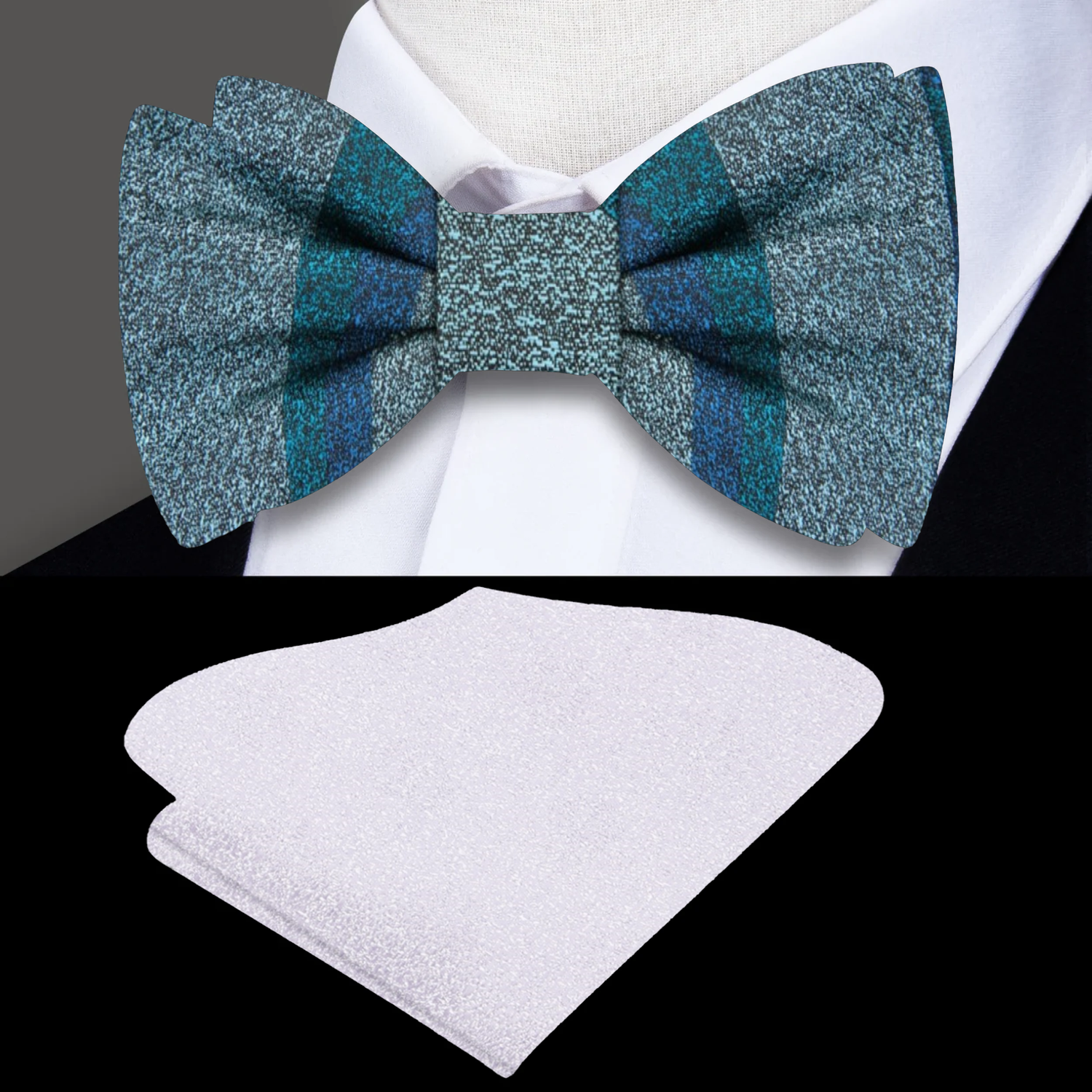 Blue Green Abstract Bow Tie and Silver Square