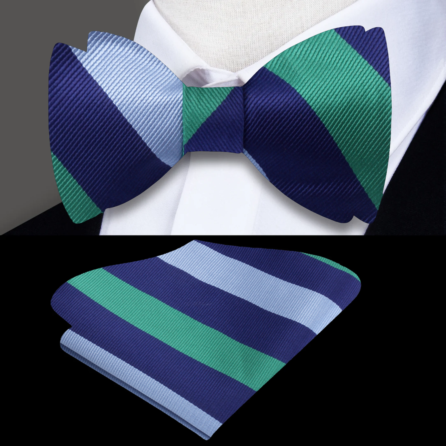 Blue Green Stripe Bow Tie and Square