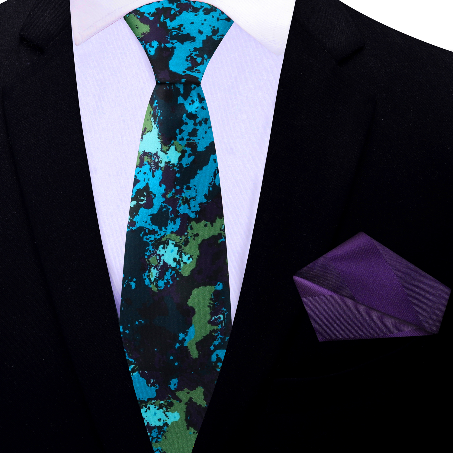 Thin Tie: Blue, Green, Purple Ink Blot Necktie and Purple Pocket Square